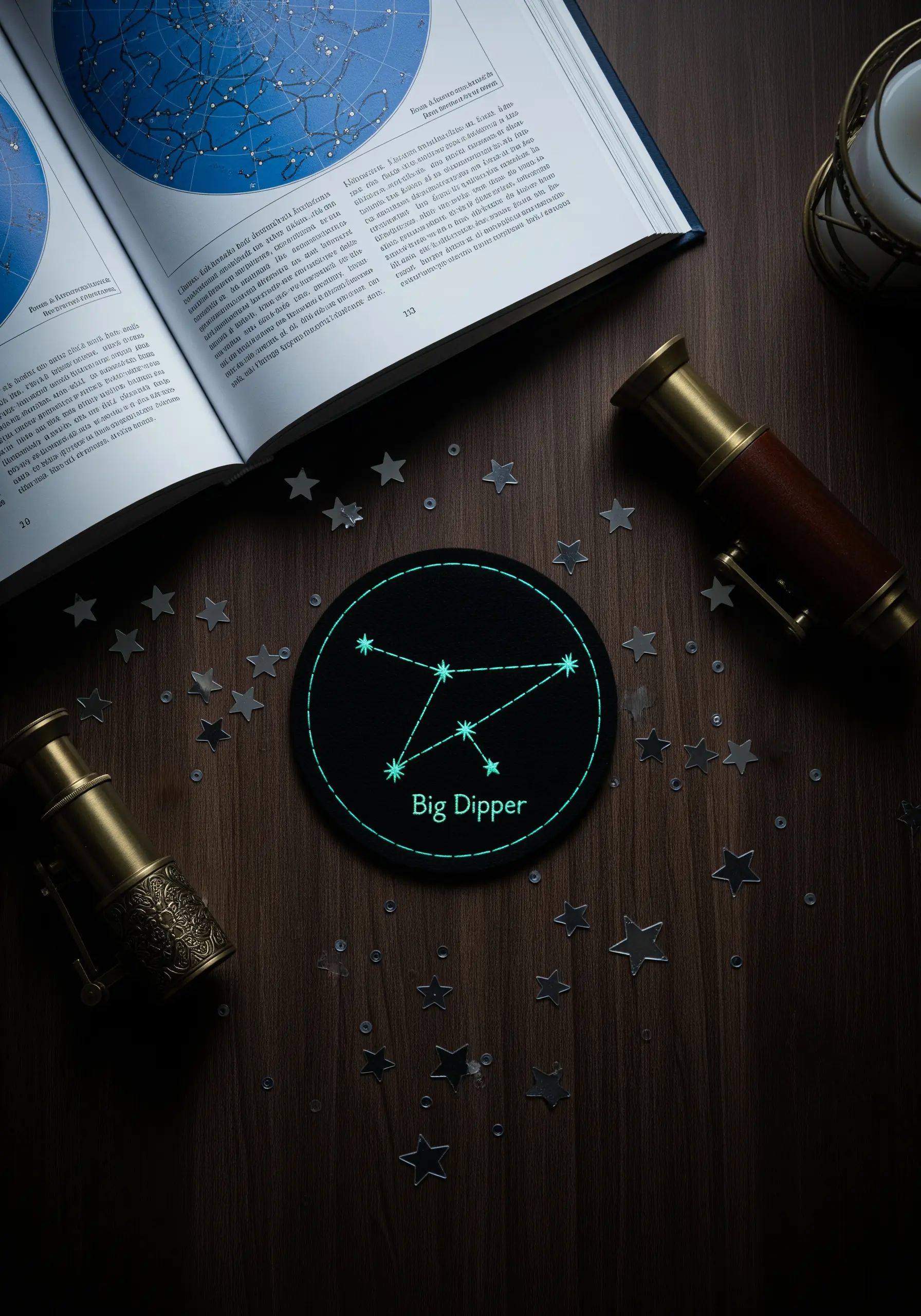 Glow-in-the-dark embroidery of the Big Dipper constellation on a round black bookmark.