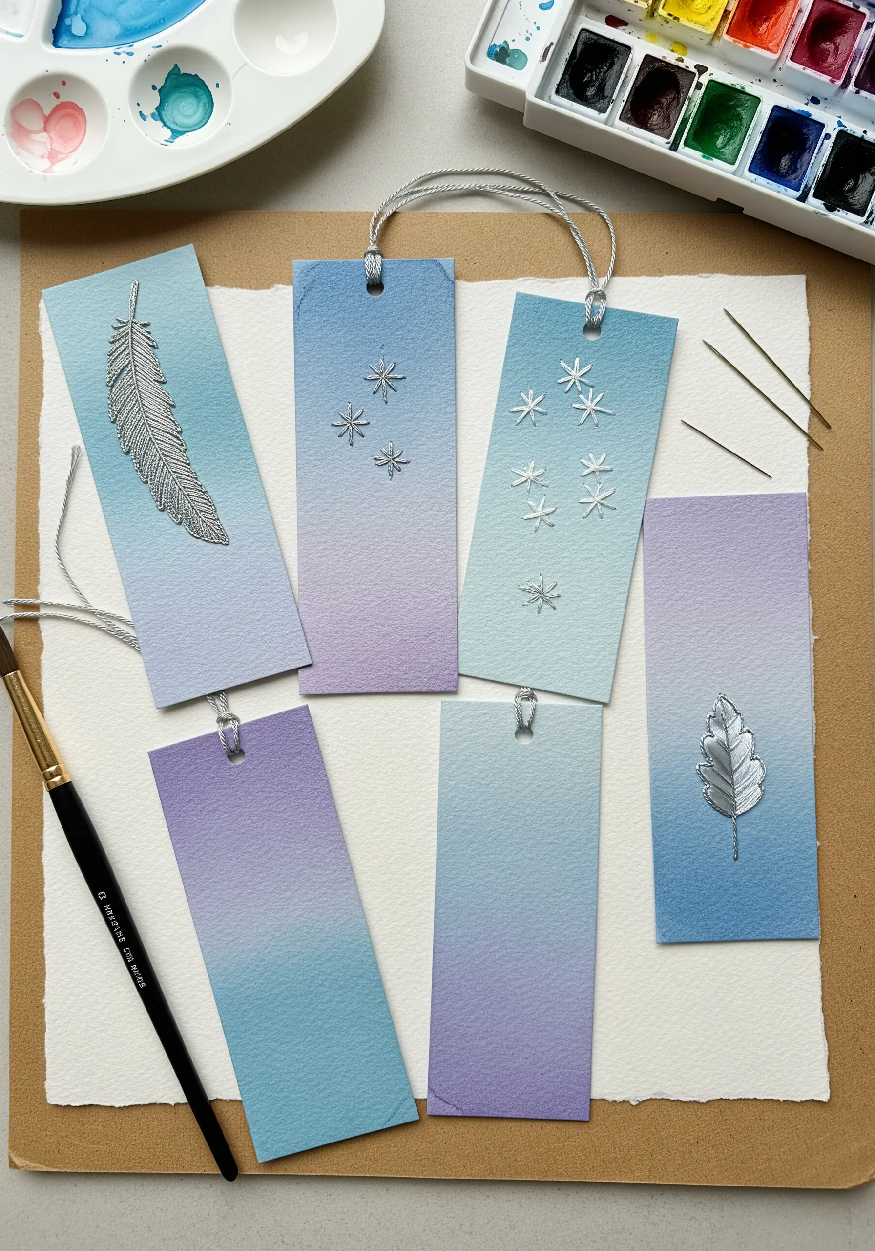 Delicate silver metallic thread embroidery of stars and leaves on watercolor gradient bookmarks.