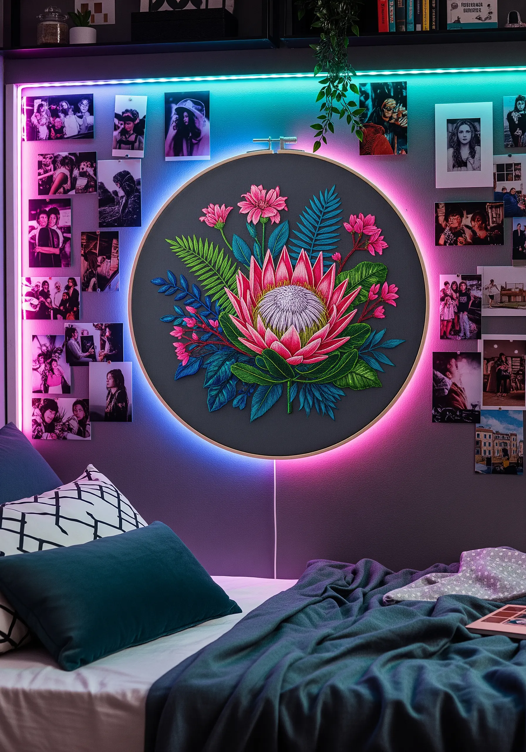 A large king protea embroidery hoop backlit with a colorful neon LED light strip.