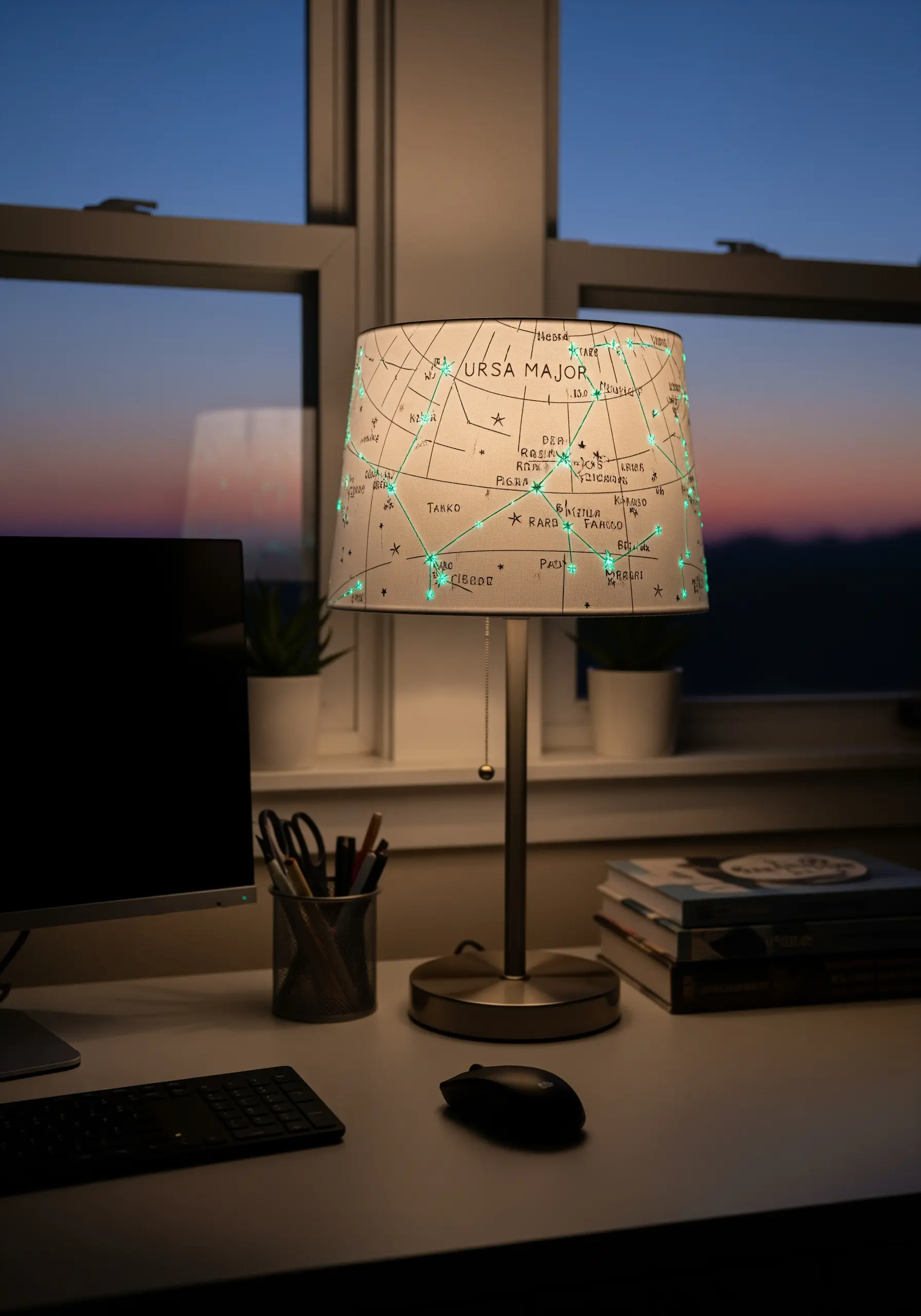 A lampshade embroidered with a constellation map, with glow-in-the-dark stars lit up