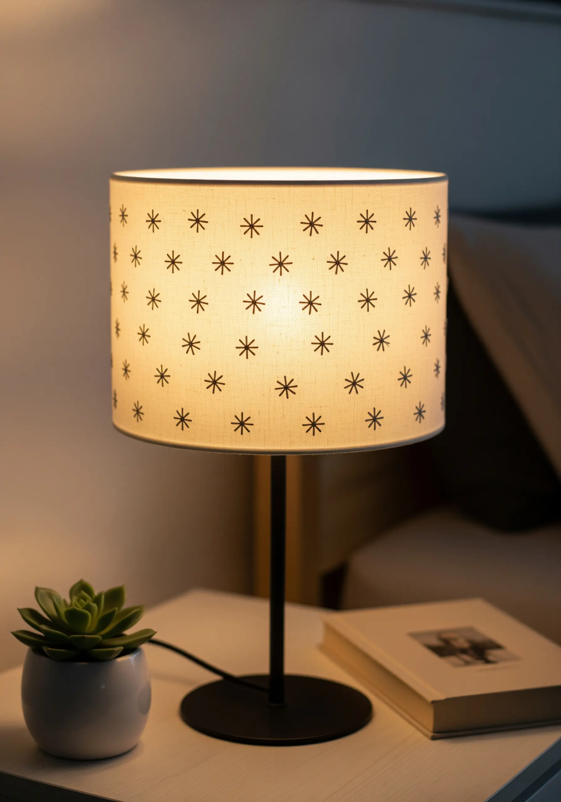 A simple drum lampshade with a repeating pattern of embroidered brown starbursts, lit from within.