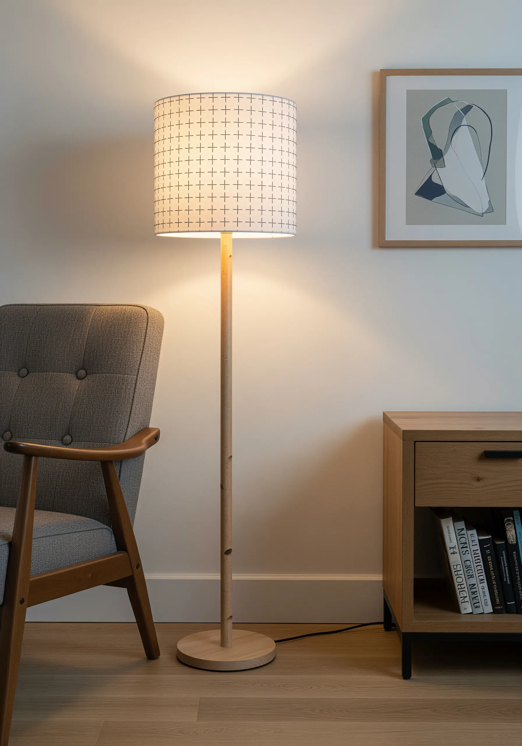 A fabric lampshade decorated with a hand-stitched grid of black crosses.