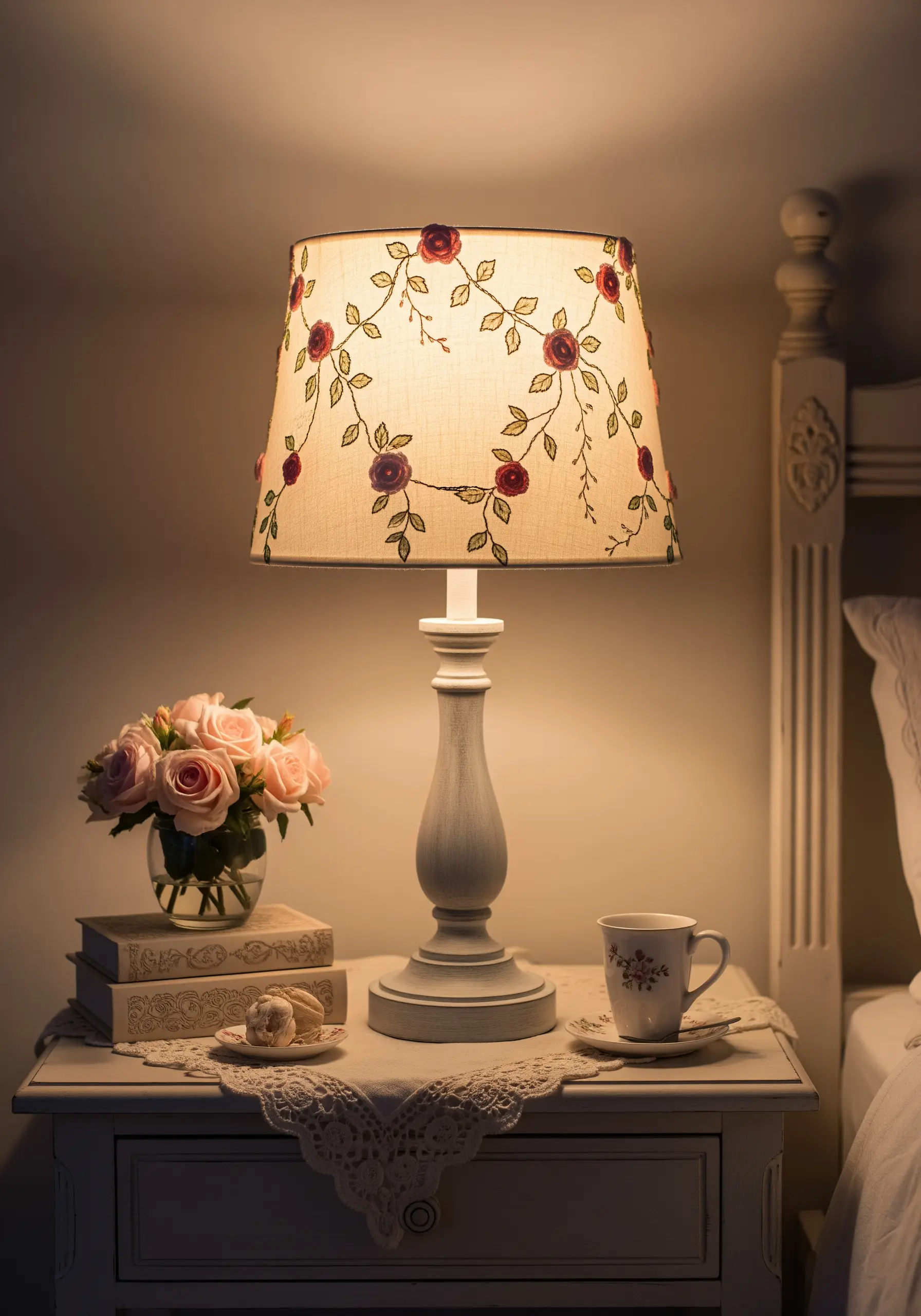 A fabric lampshade embroidered with a delicate pattern of red roses and green vines.