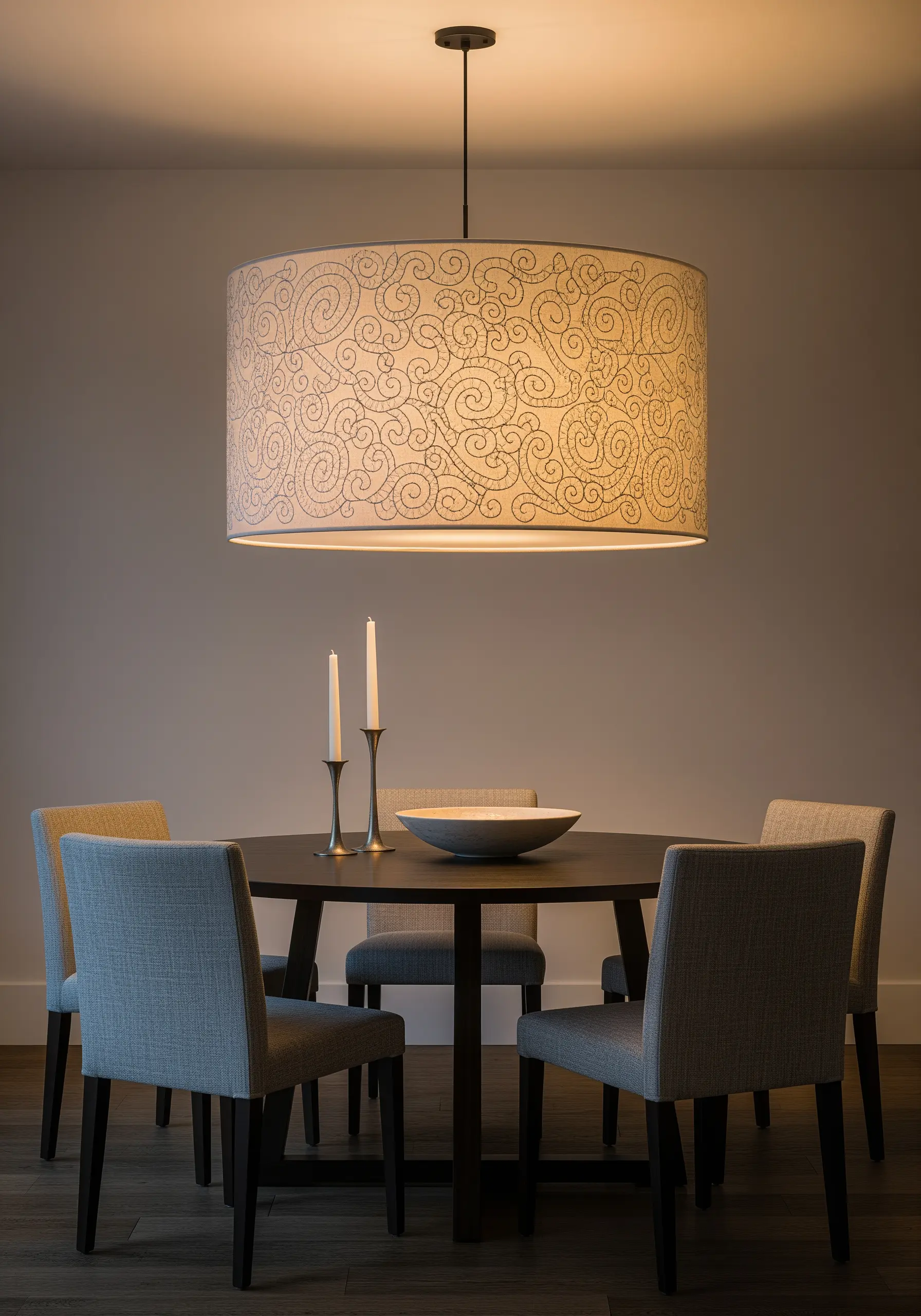 A large drum lampshade embroidered with a swirling pattern in a dark thread.