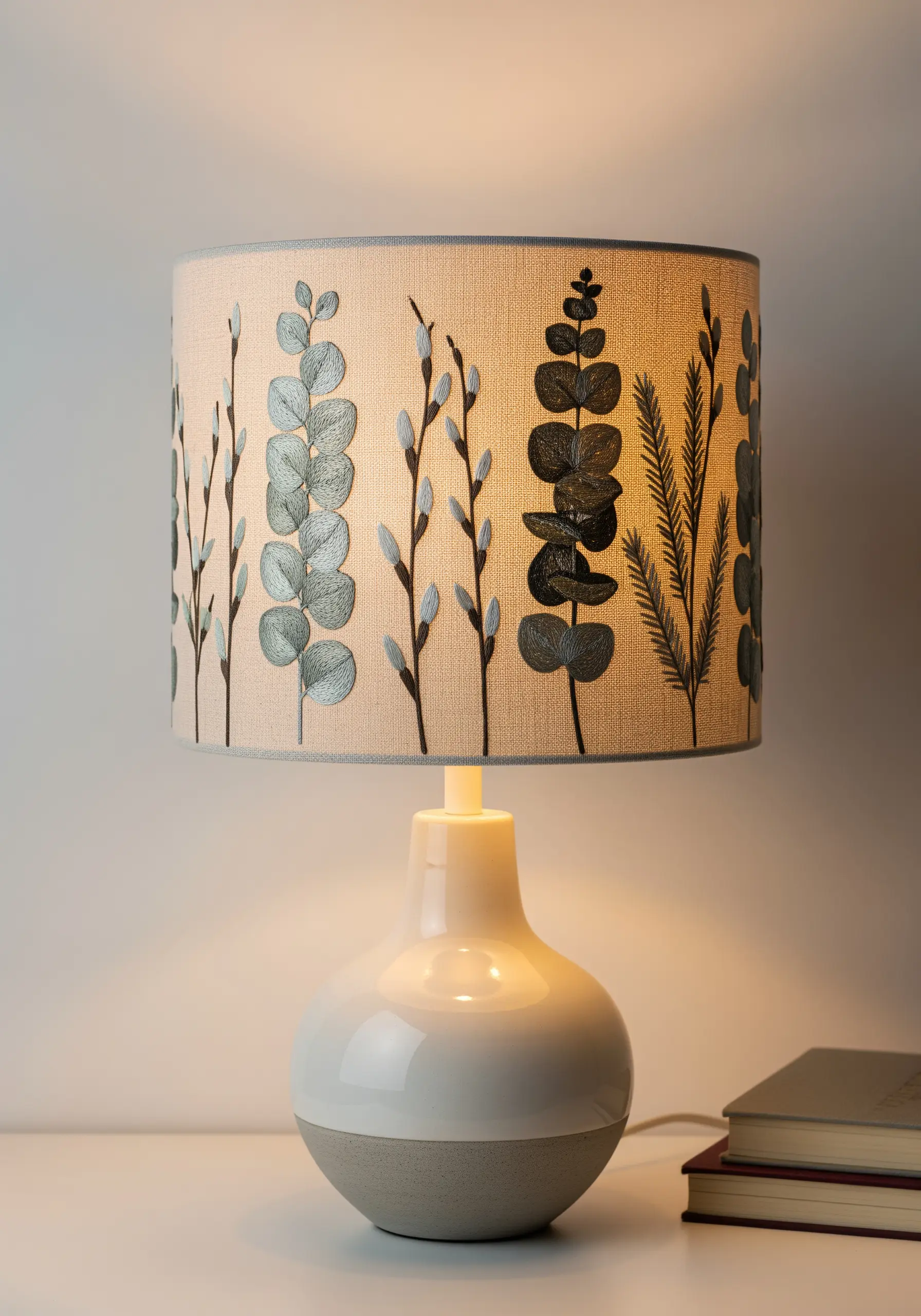 A linen lampshade embroidered with various types of eucalyptus and pussy willow branches.
