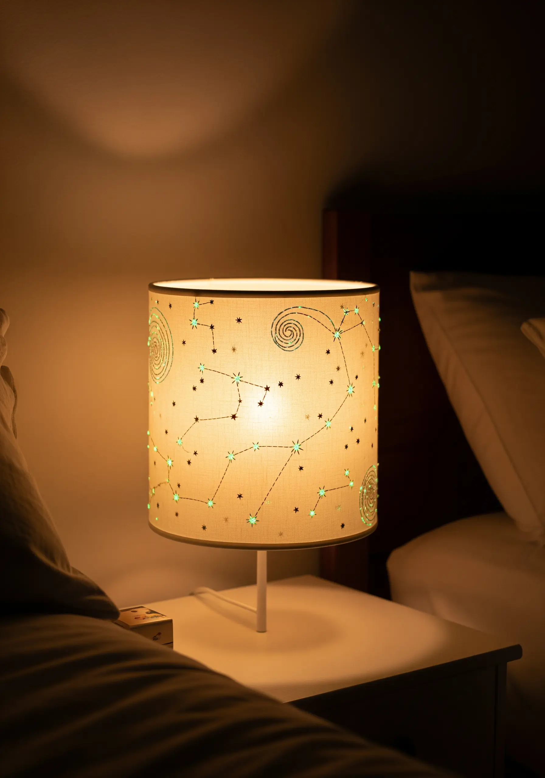 Embroidered lampshade with constellations that glow in the dark.