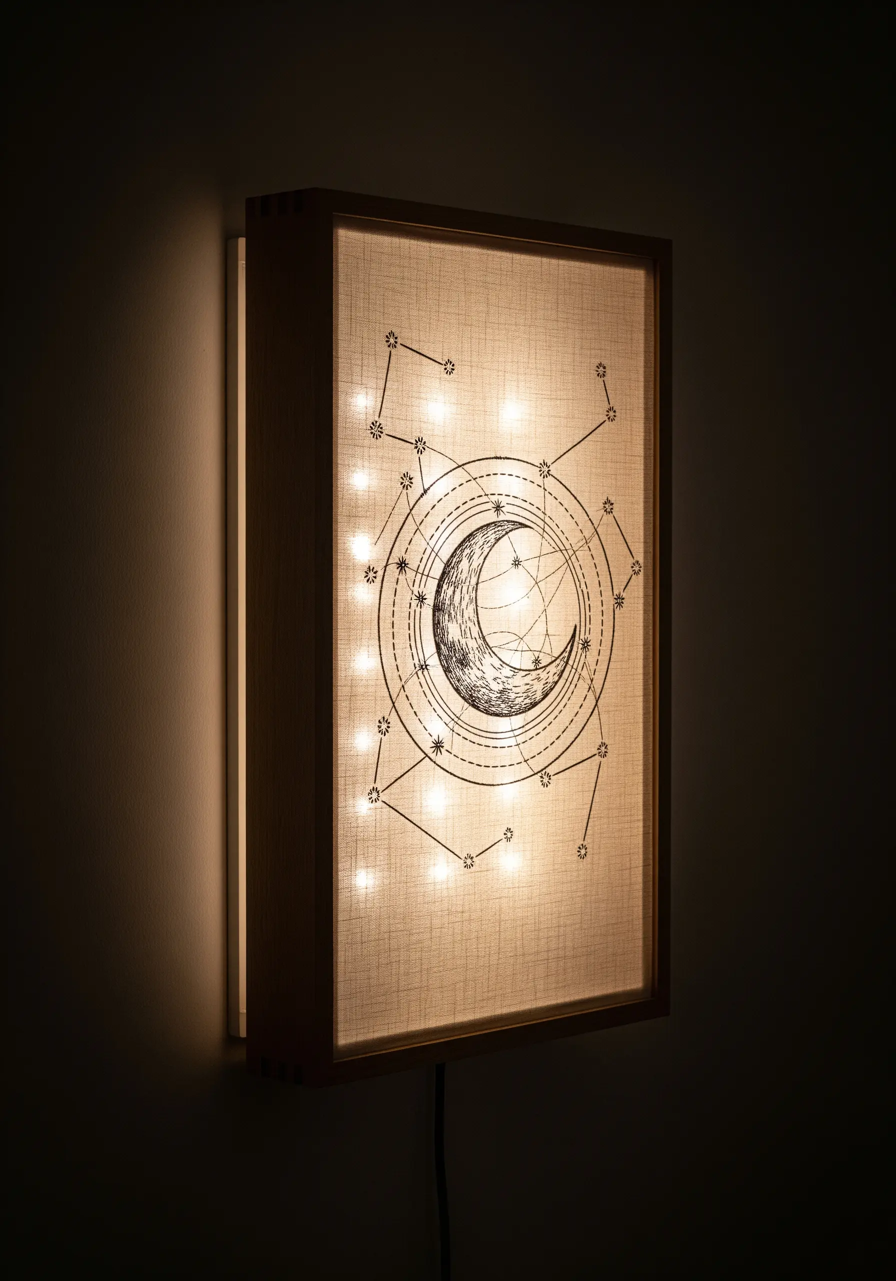 A celestial moon and constellation design embroidered on fabric and lit from behind in a lightbox.
