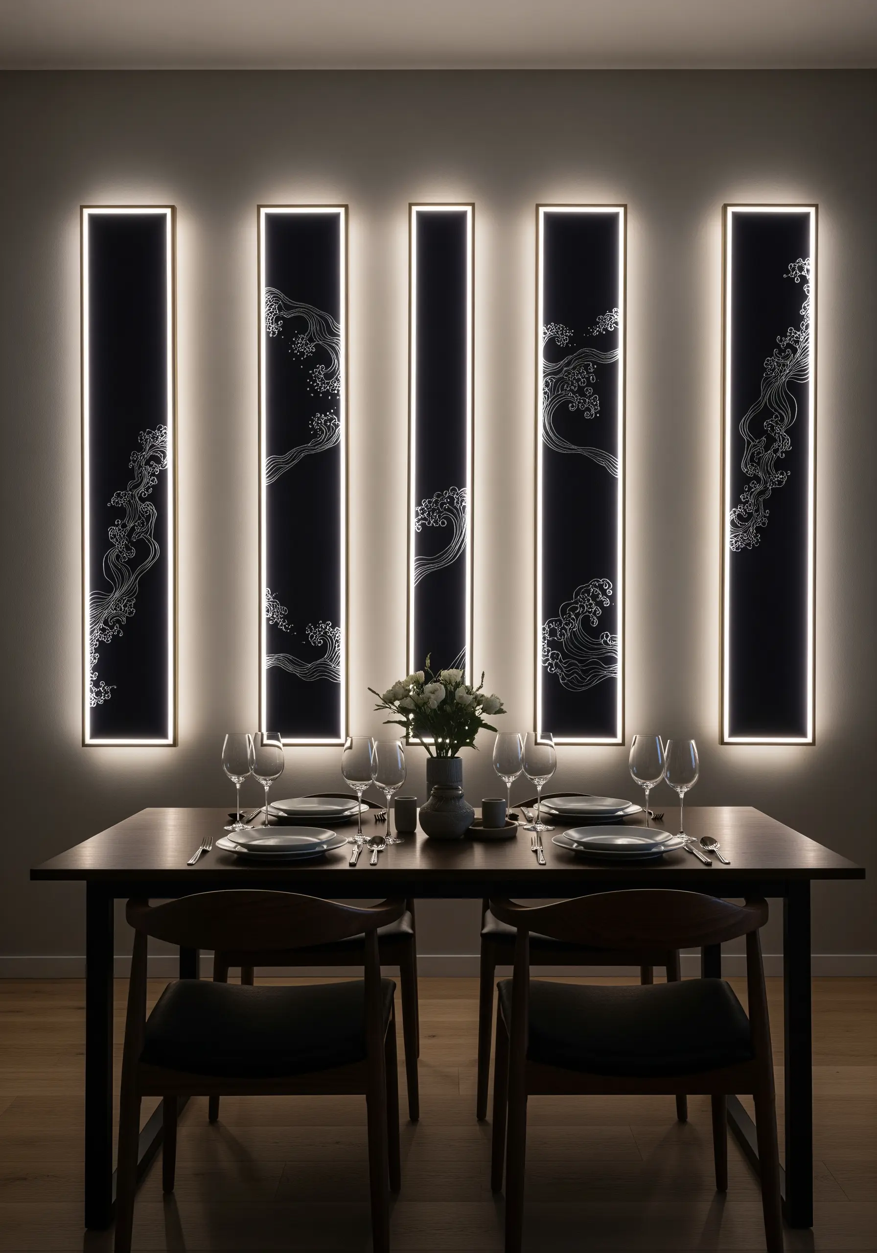 Five tall, backlit panels with Japanese wave embroidery illuminating a modern dining room