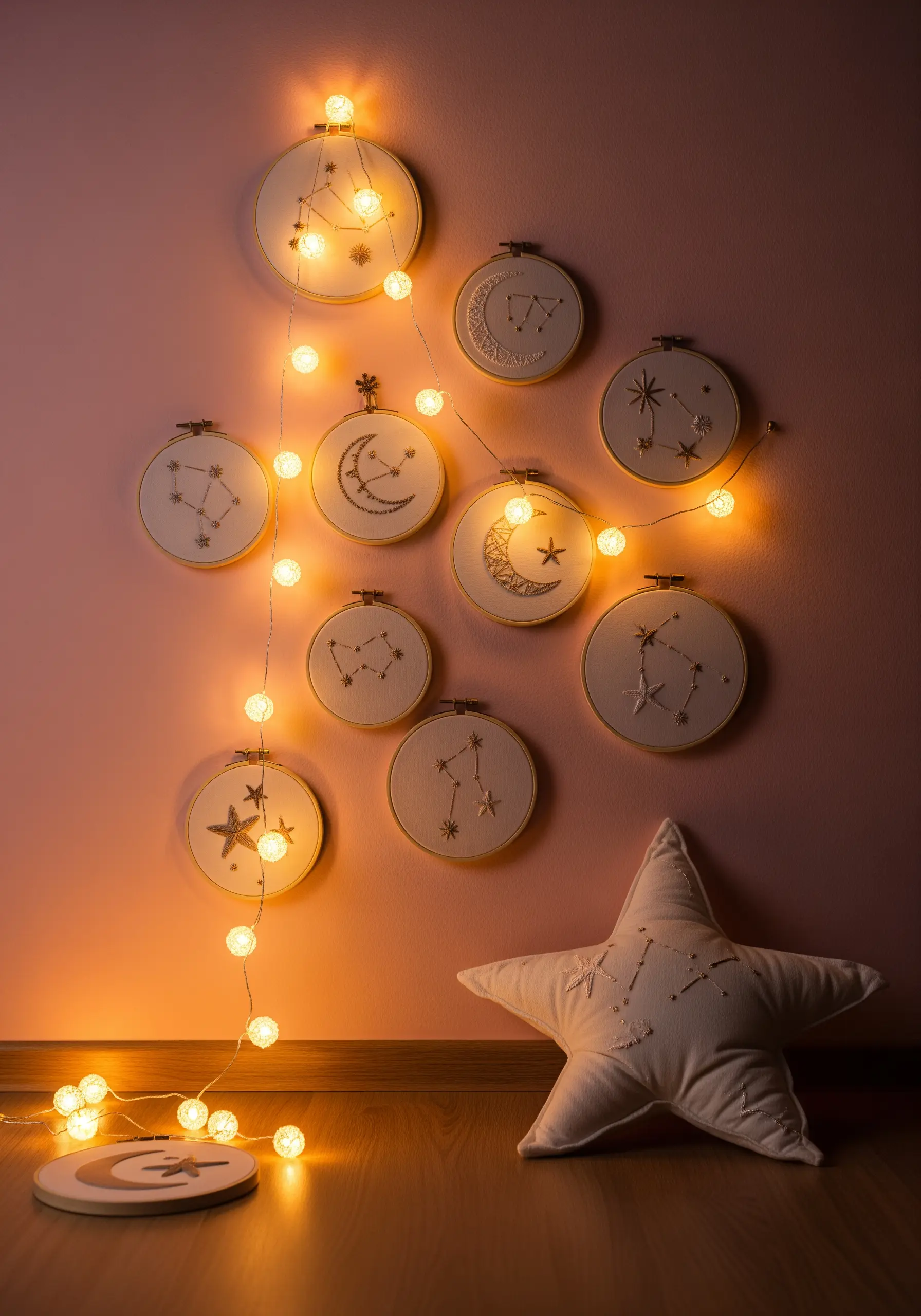 A gallery wall of constellation embroidery hoops intertwined with glowing fairy lights in a dark room