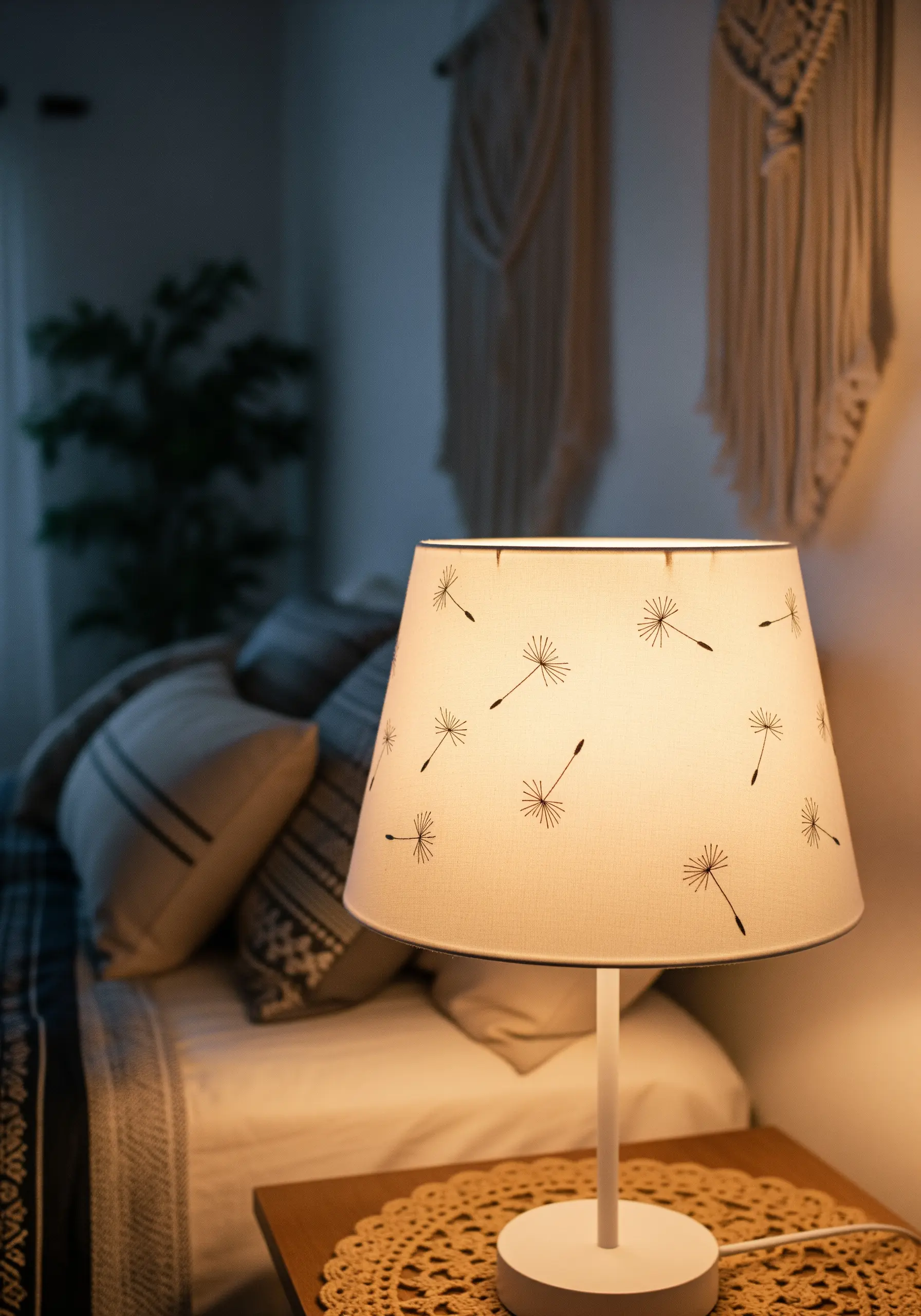 Minimalist dandelion seed motifs embroidered in black thread on a fabric lampshade.