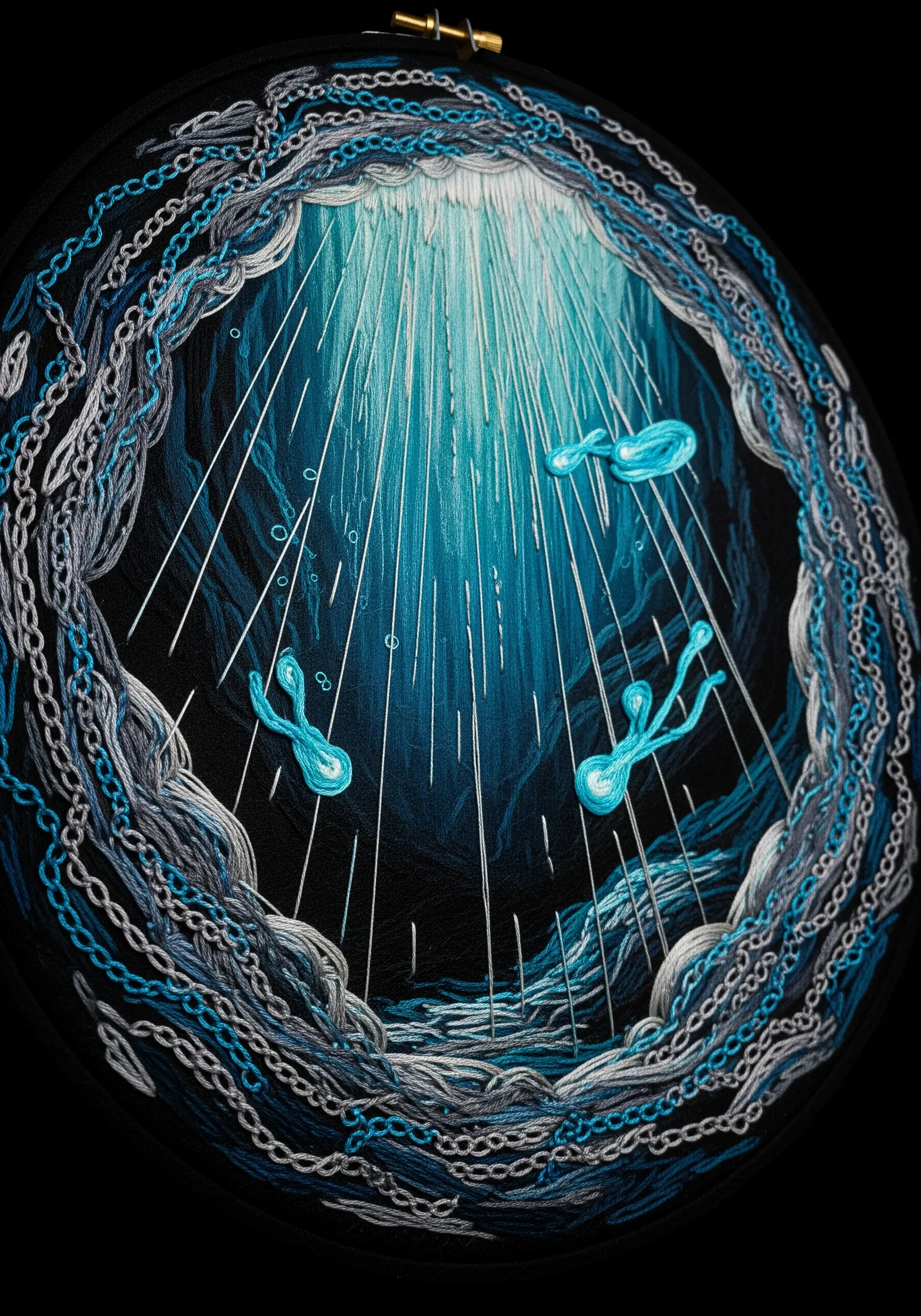 Embroidery of an underwater cave with thread-painted light rays and chain stitch rocks on black fabric.