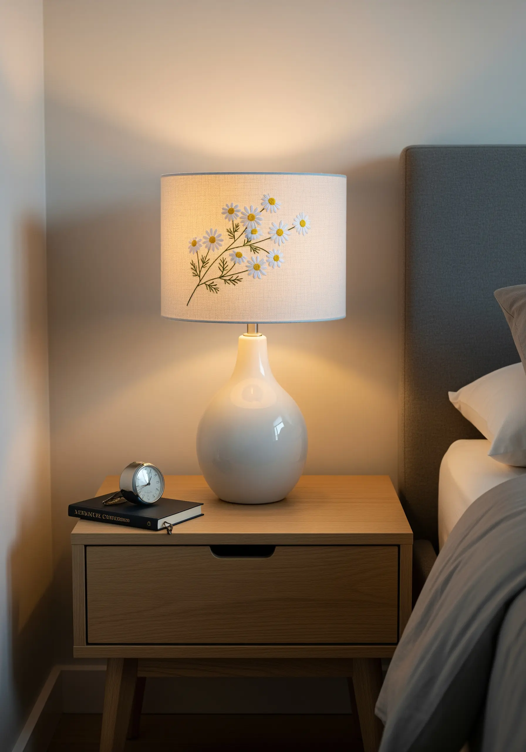 A spray of white and yellow daisies embroidered on a linen drum lampshade.