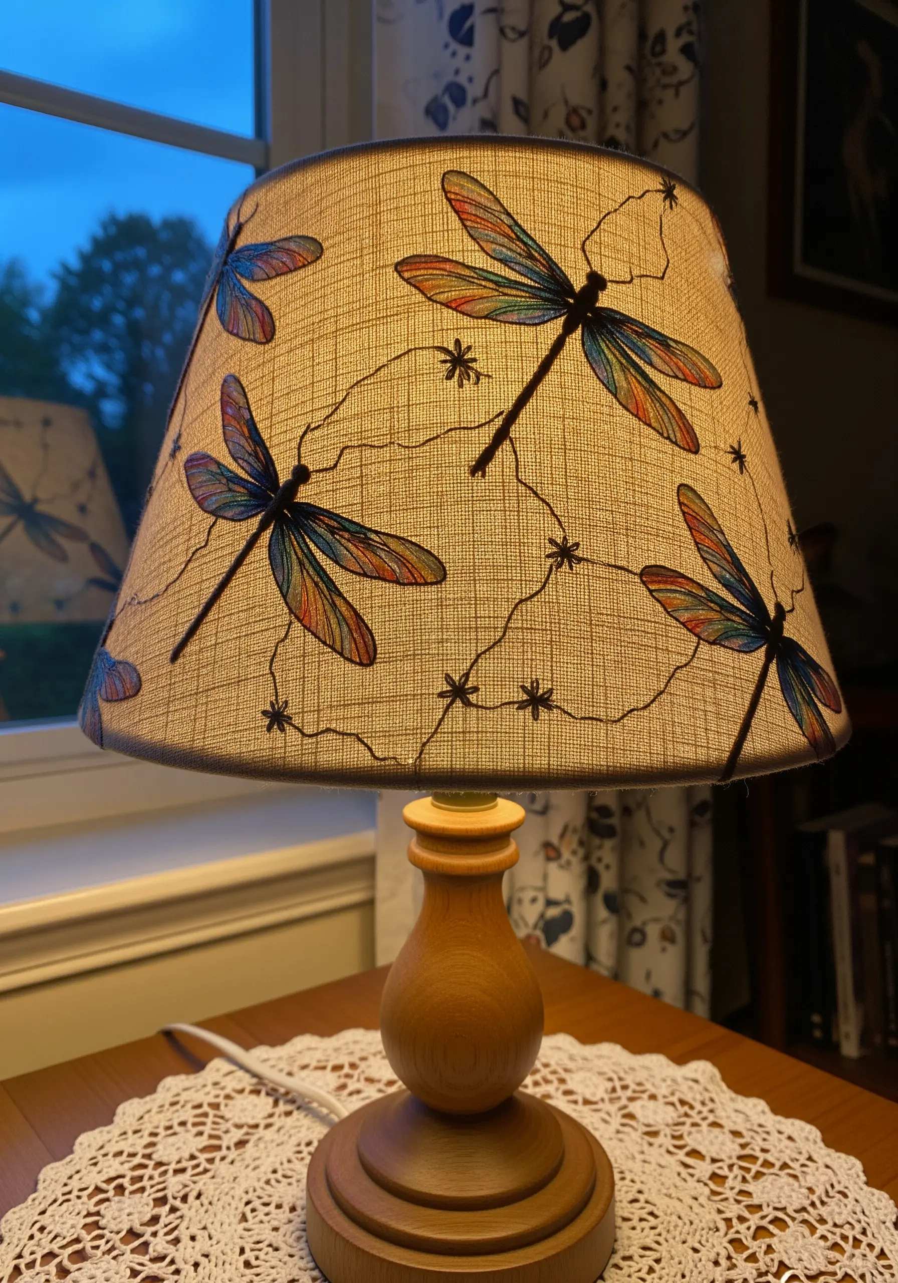 Burlap lampshade embroidered with colorful dragonflies, allowing light to shine through the wings.