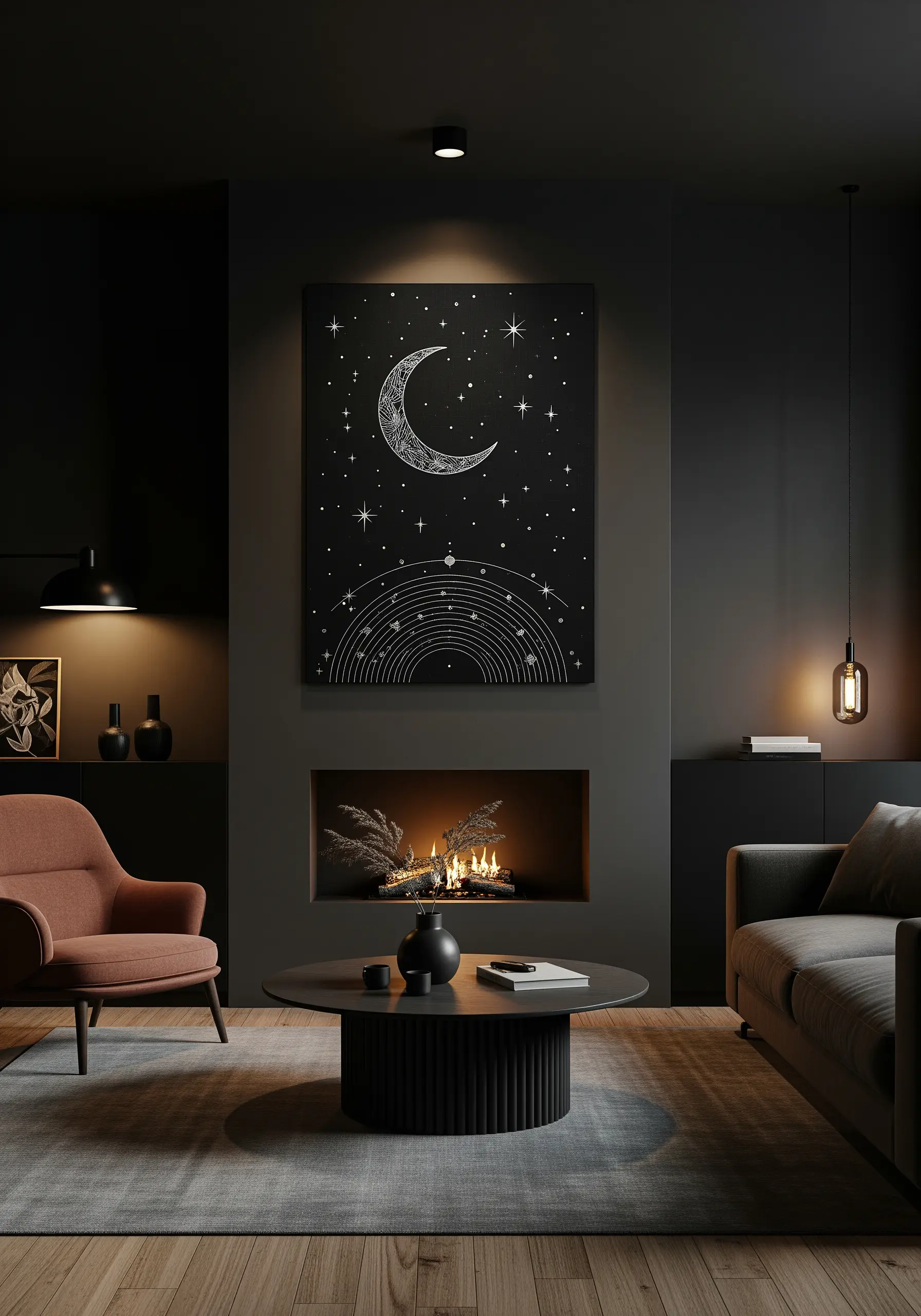 A celestial embroidery on black canvas featuring a crescent moon, stars, and orbital lines.