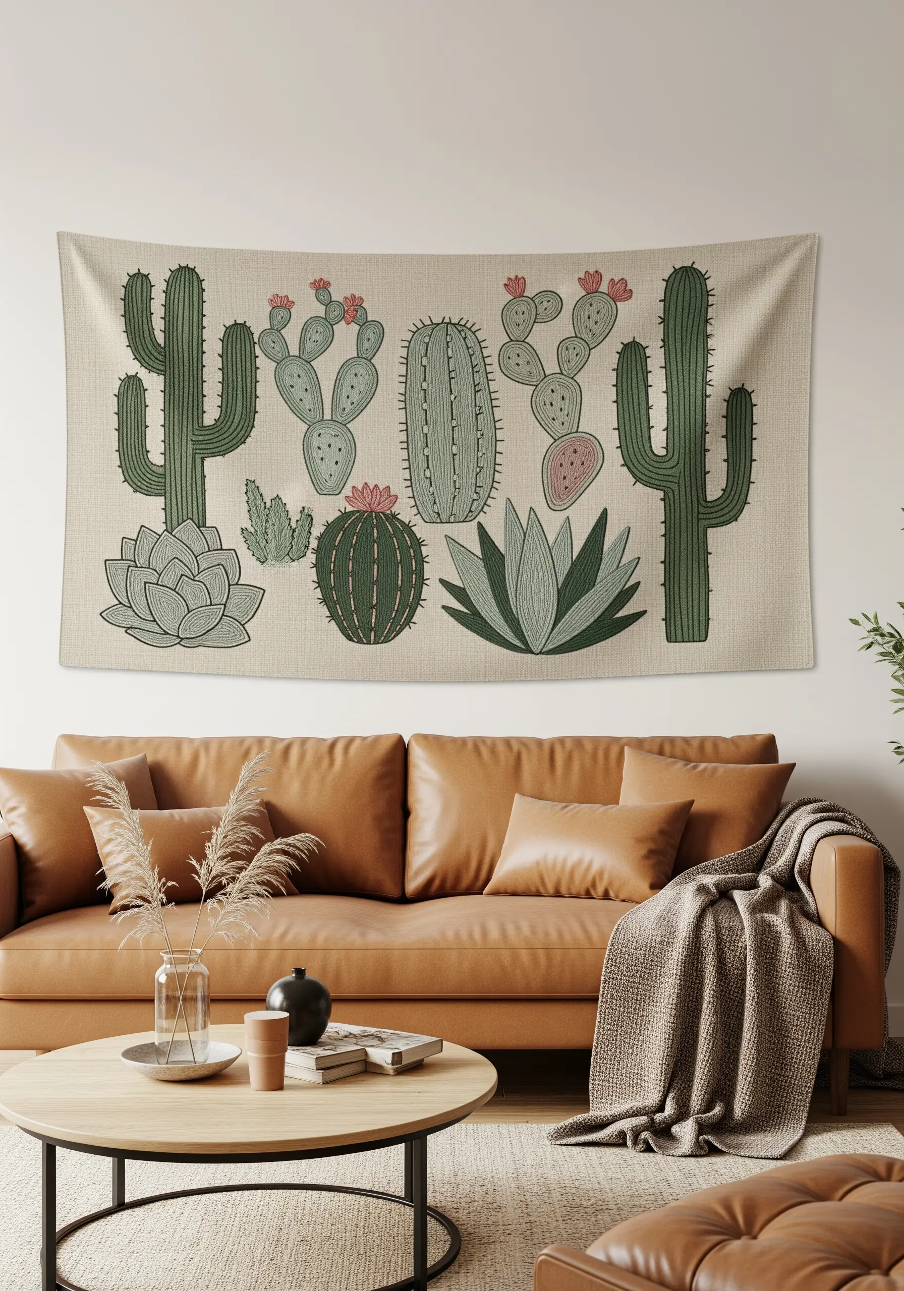 A wall tapestry featuring a collection of various embroidered cacti and succulents.