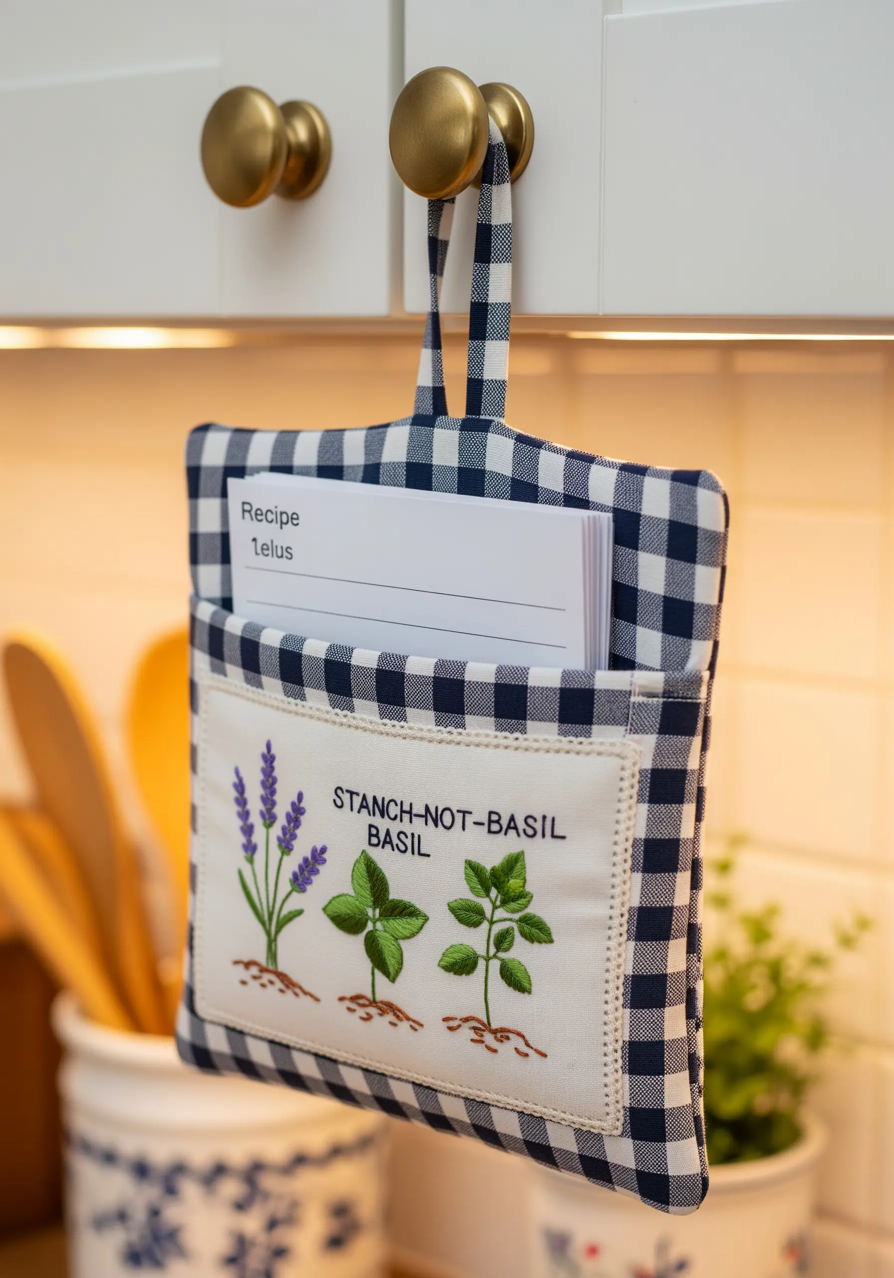 A gingham recipe card holder featuring a panel with detailed embroidery of lavender and basil plants.
