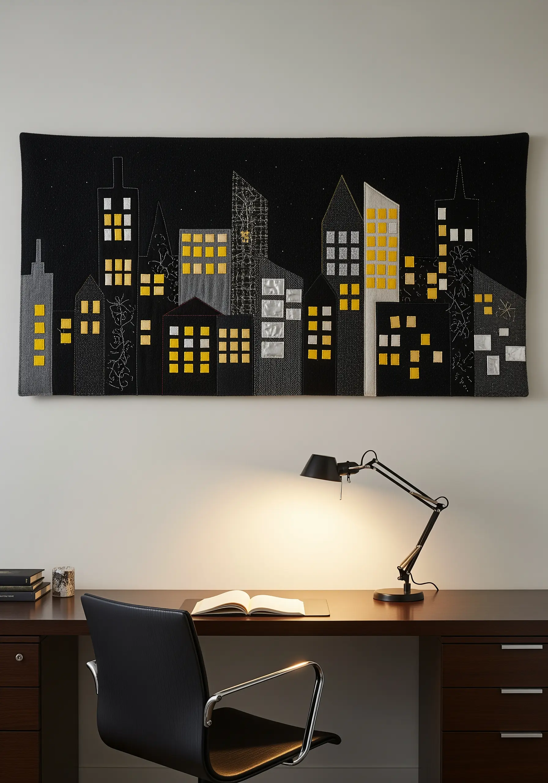 Textile cityscape on black fabric with illuminated windows and stitched details.