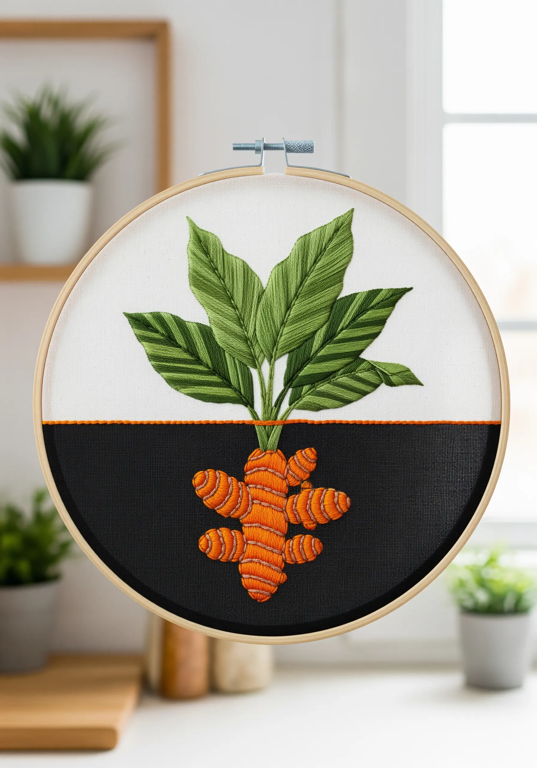 A cross-section embroidery showing turmeric root underground and its green leaves above ground.