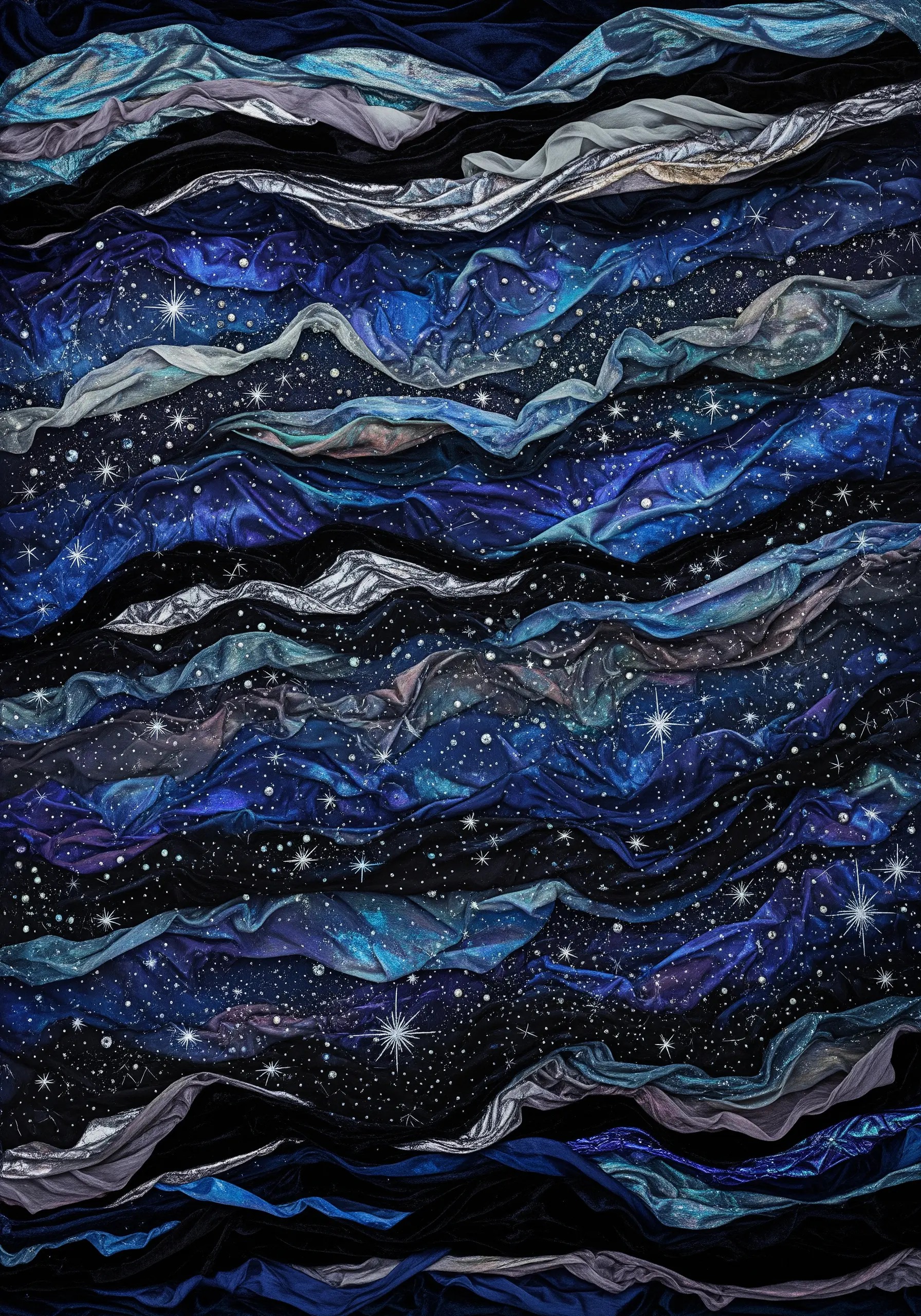 A textile art piece depicting a starry galaxy made from layered blue, black, and silver fabrics.