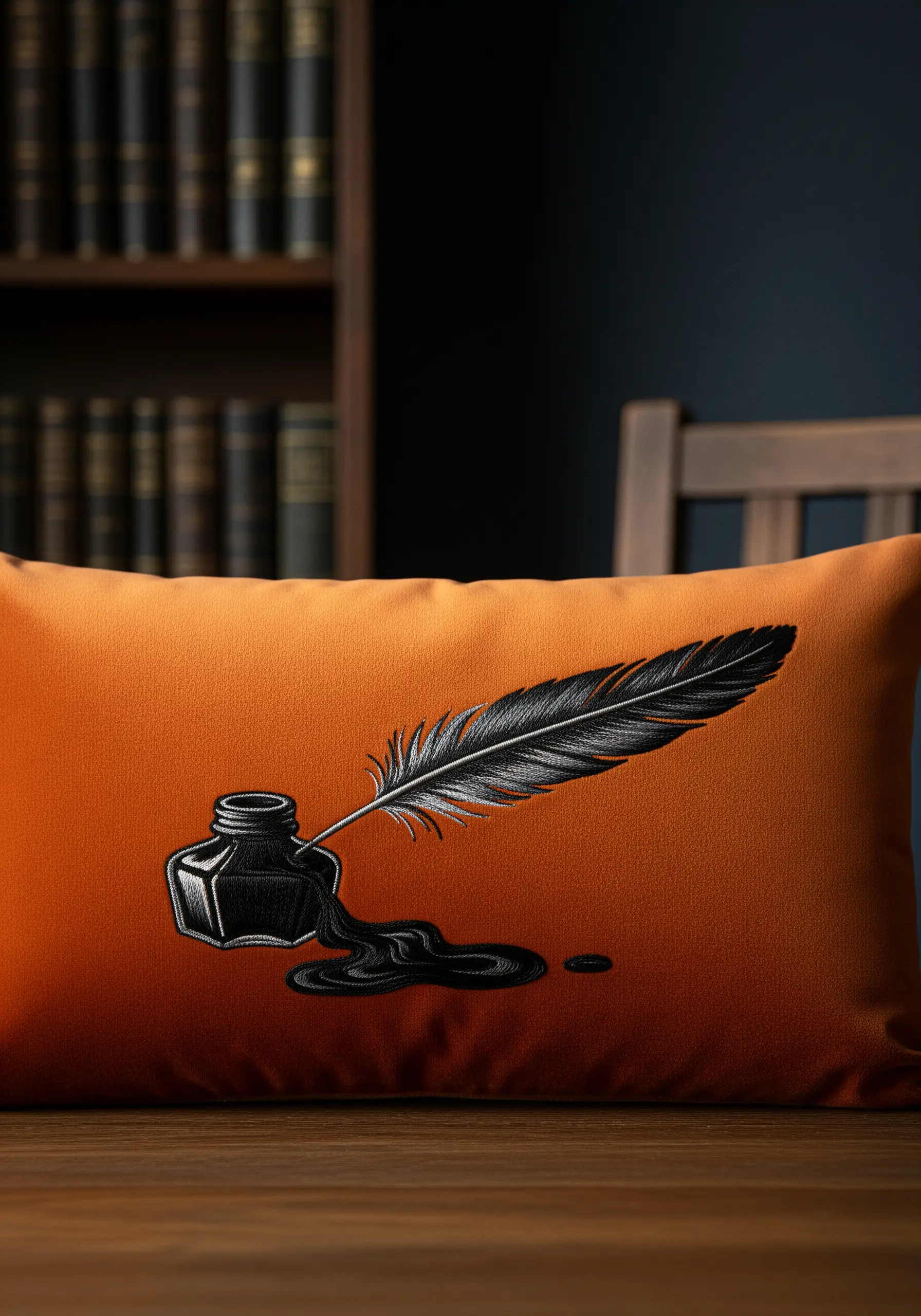 An embroidered black quill pen dipping into an inkwell, with ink spilling onto the surface.