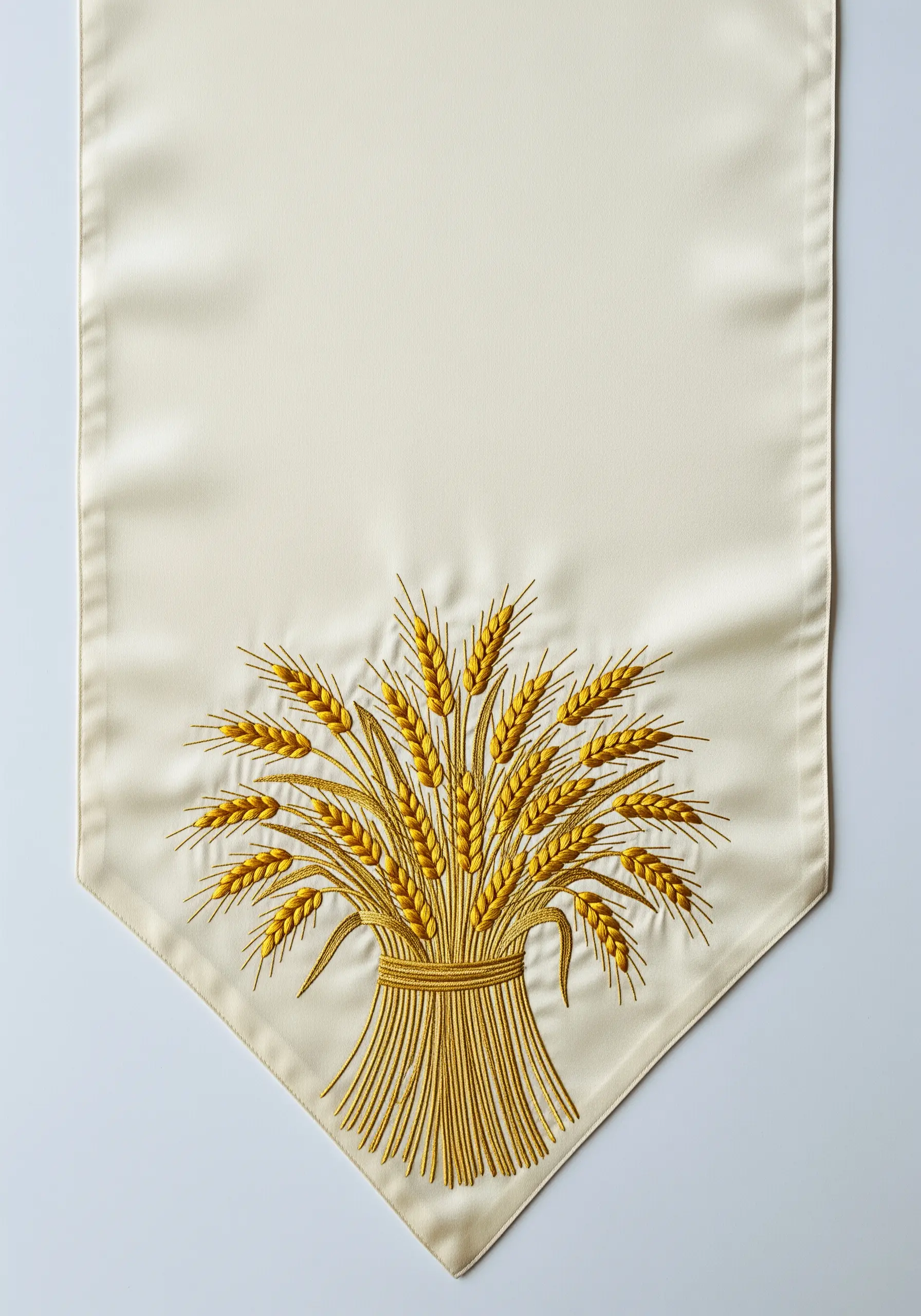 A detailed wheat sheaf embroidered in shades of gold on a cream-colored table runner.