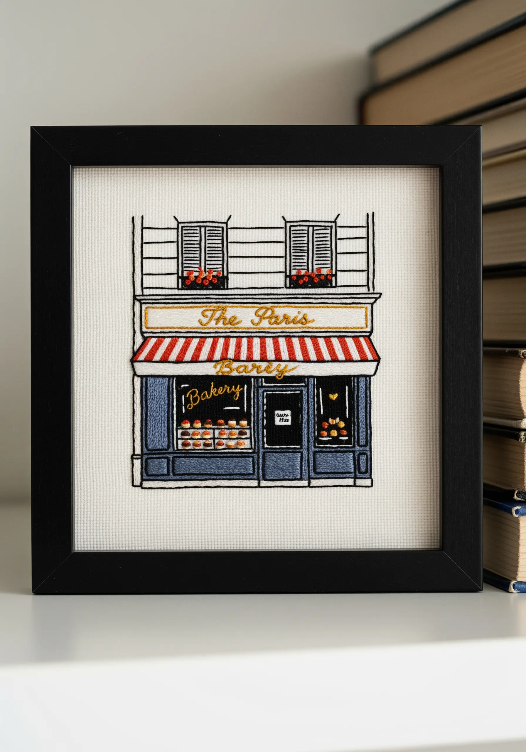 A framed embroidery depicting the storefront of a Parisian bakery