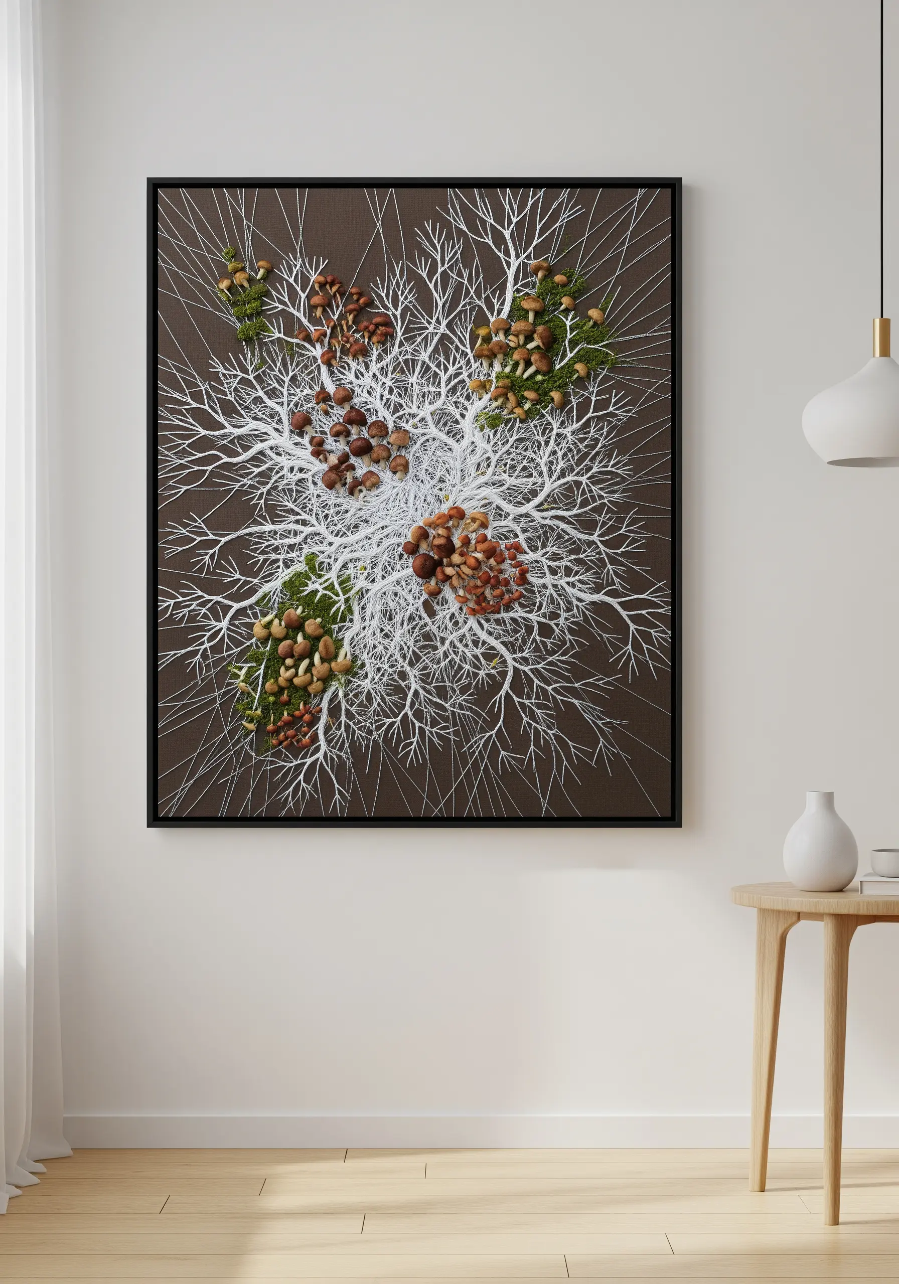 An abstract representation of a white mycelial network with mushroom clusters on brown fabric.