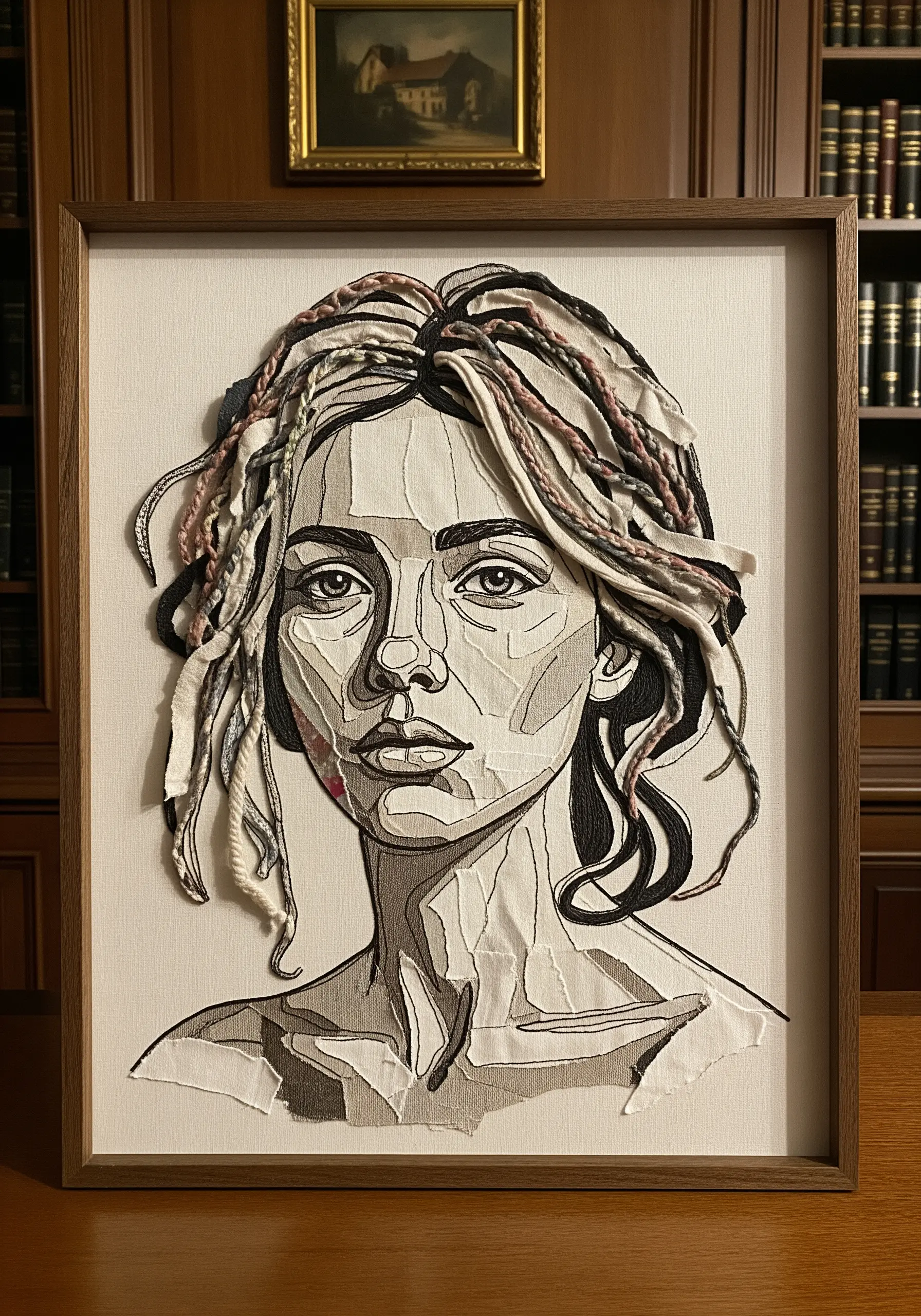 A framed portrait of a woman created with strips of neutral-toned fabric and black thread