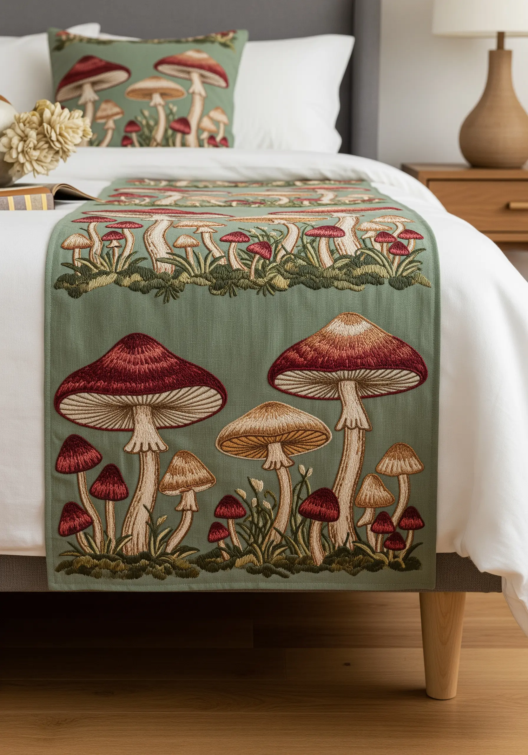 A sage green bed runner embroidered with a variety of detailed, earth-toned mushrooms.