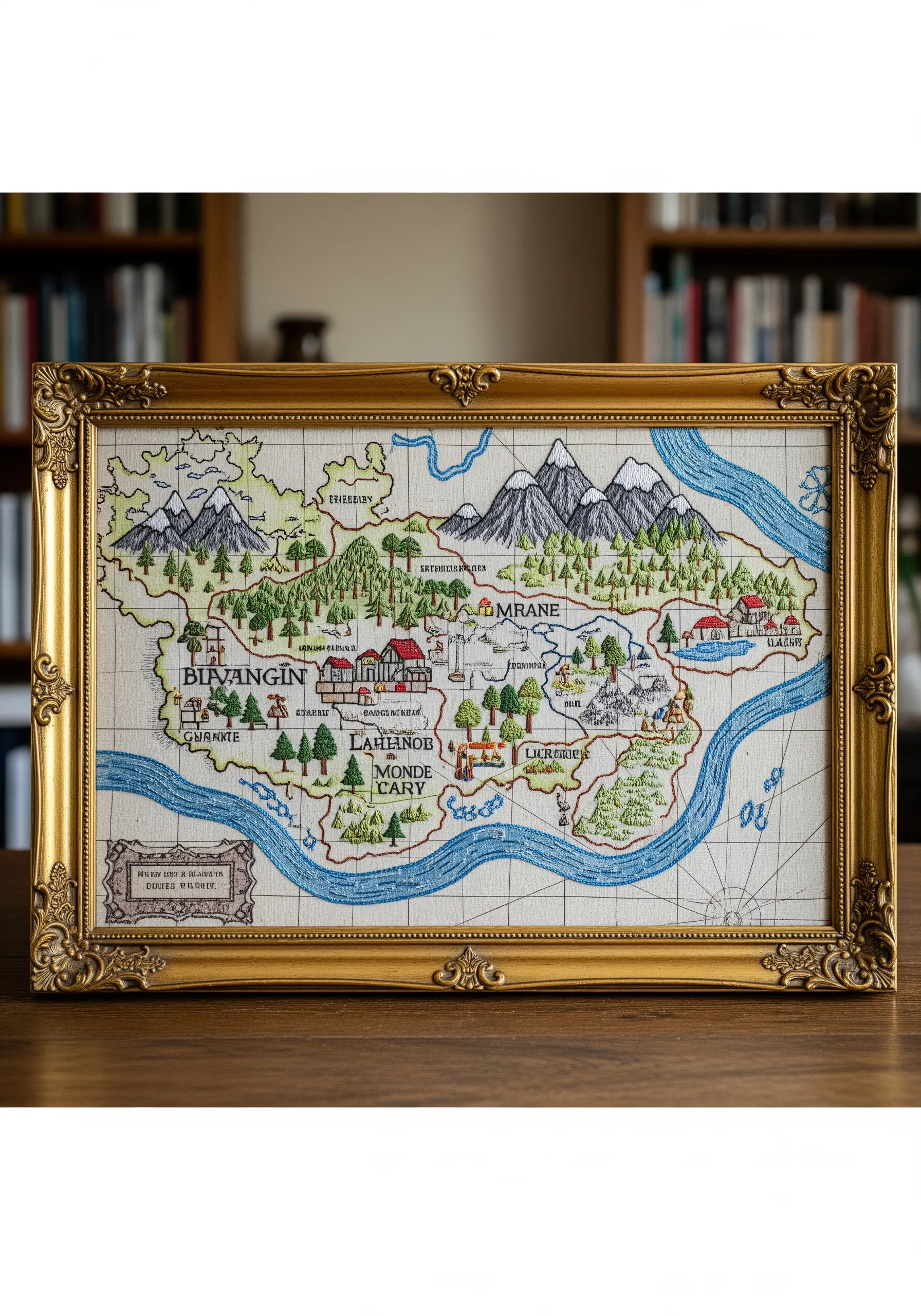 An embroidered fantasy map with mountains, rivers, and forests in an ornate gold frame