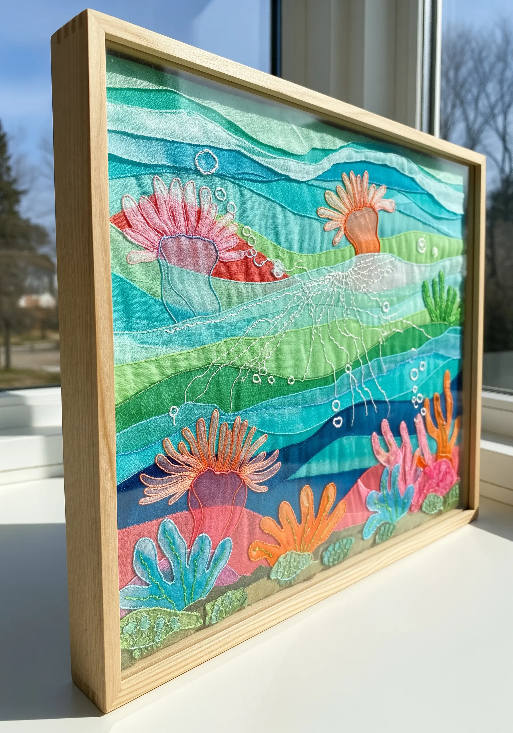 Framed fabric collage of an underwater scene with sheer green and blue layers and stitched sea life.
