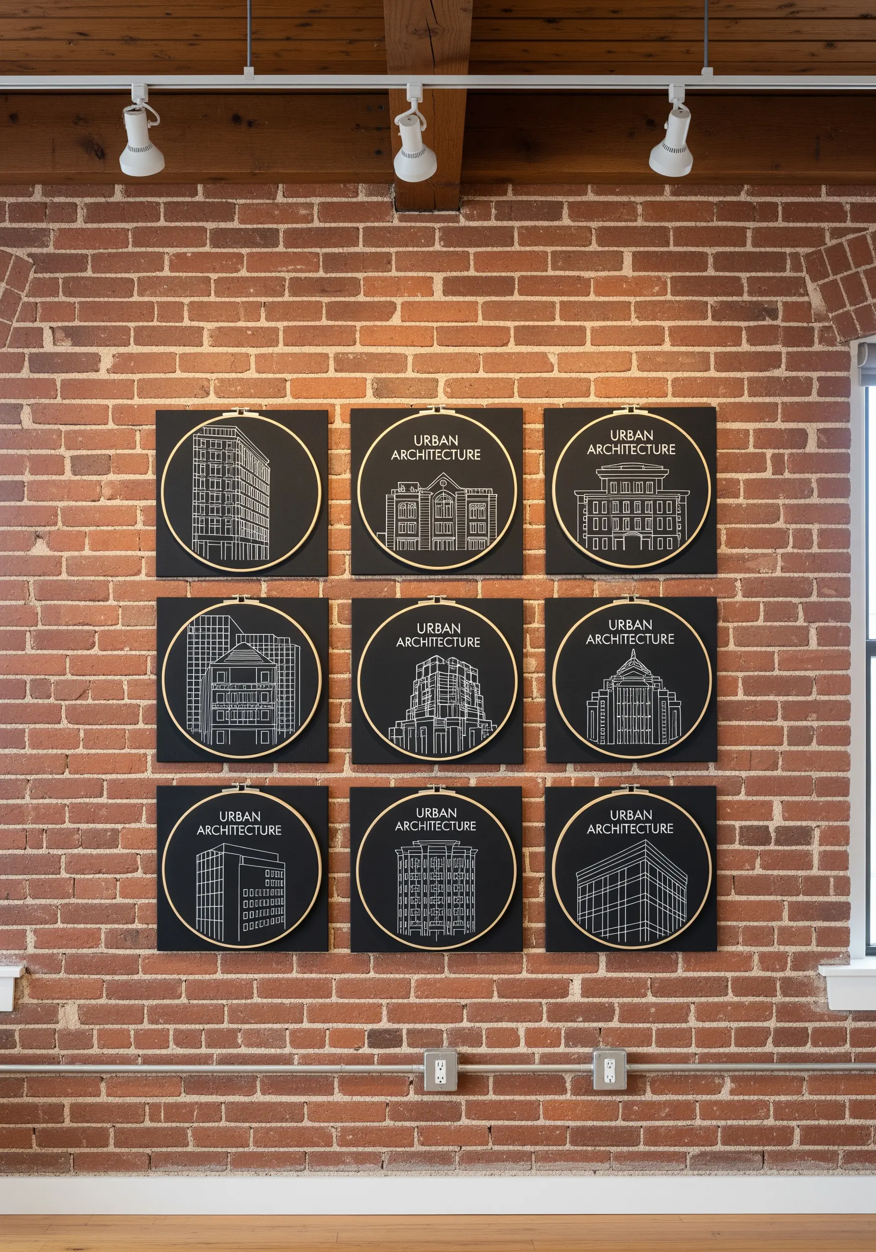 A grid of nine embroidery hoops featuring white-line architectural drawings on black fabric.