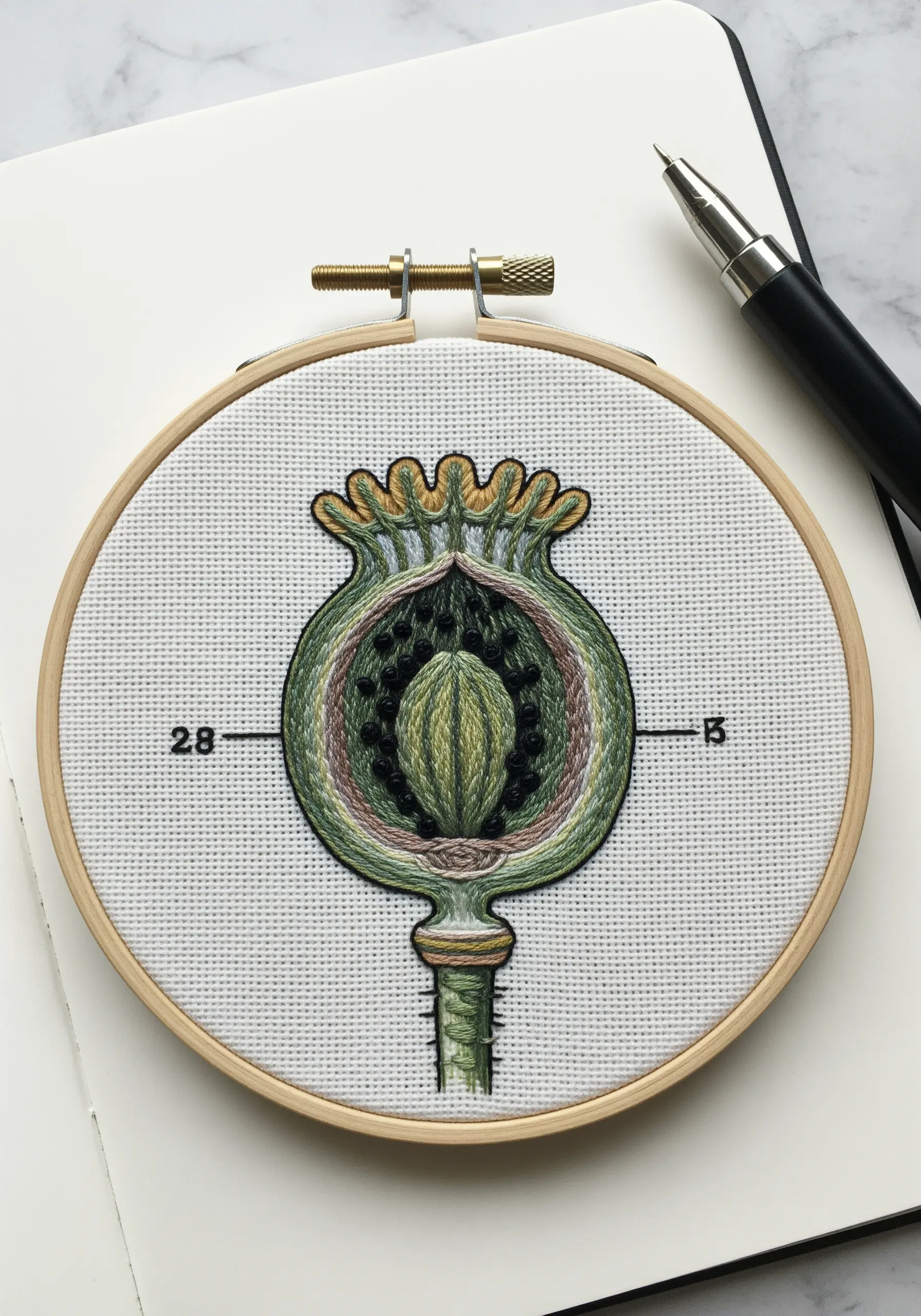 A cross-section of a poppy seed pod embroidered in a technical, illustrative style