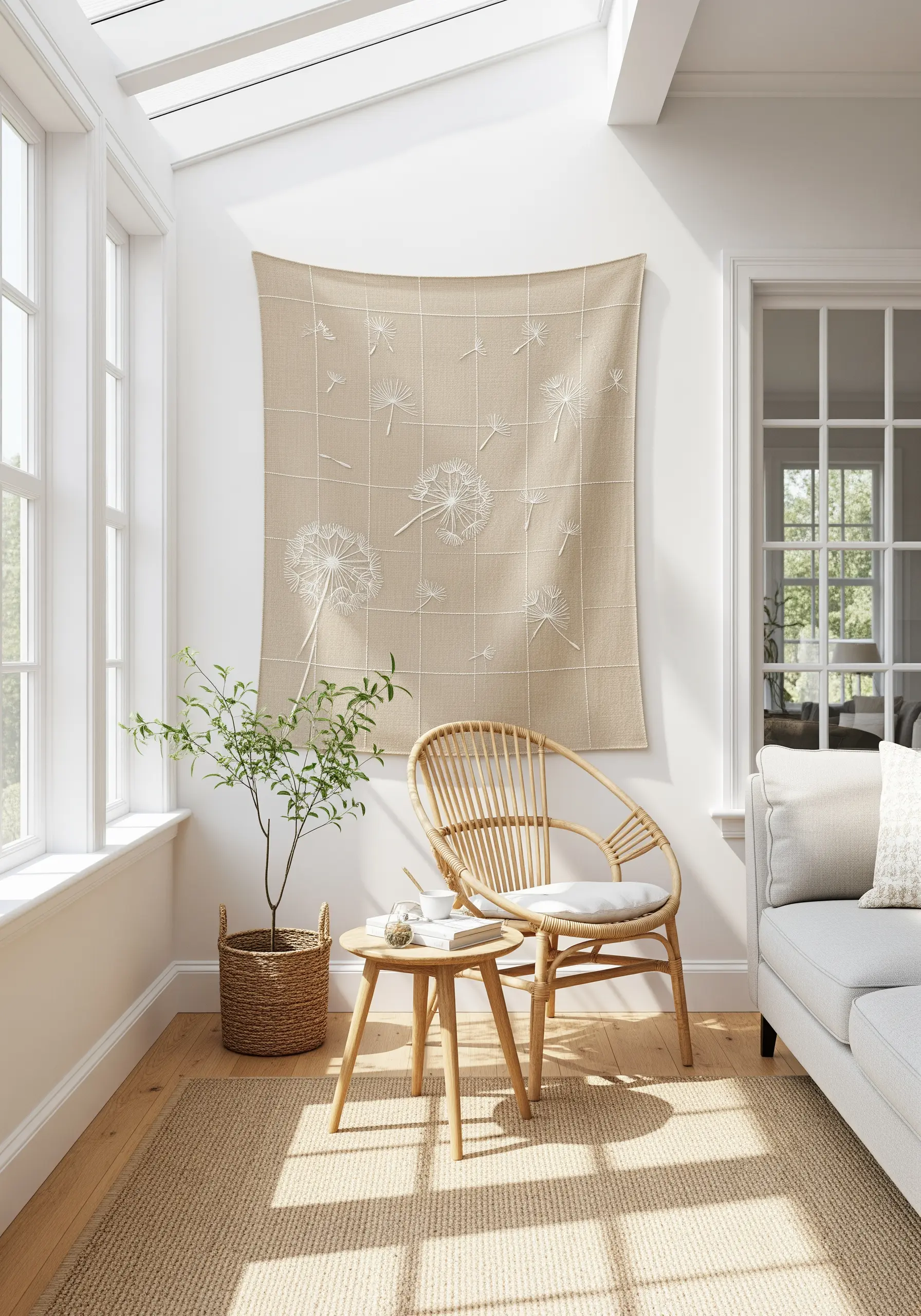 Delicate dandelion clocks and floating seeds stitched in white on a neutral beige wall hanging.