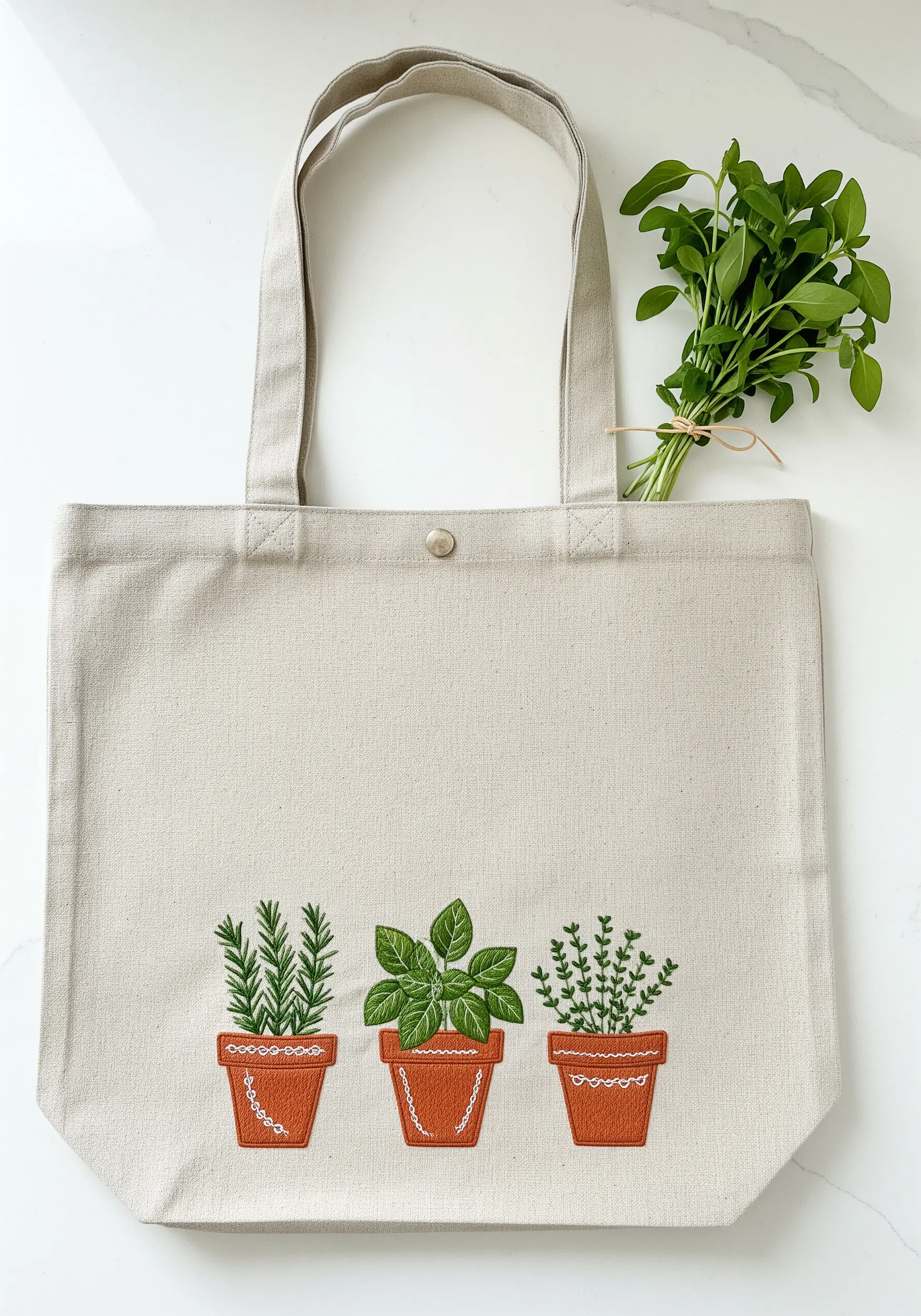 Three terracotta pots with delicately embroidered herbs: rosemary, basil, and thyme