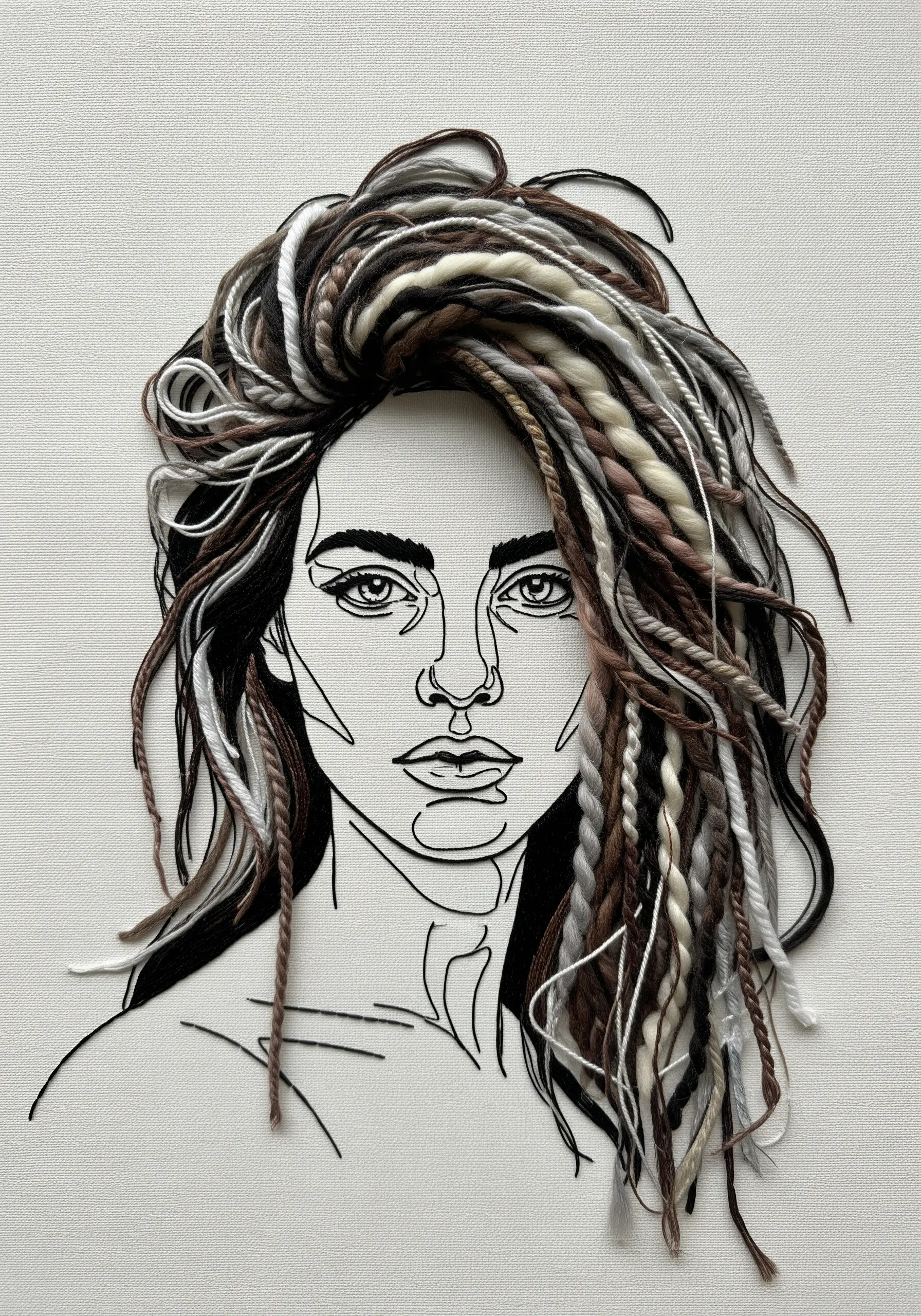 Line art portrait with multi-toned, textured yarn and braids creating voluminous hair.