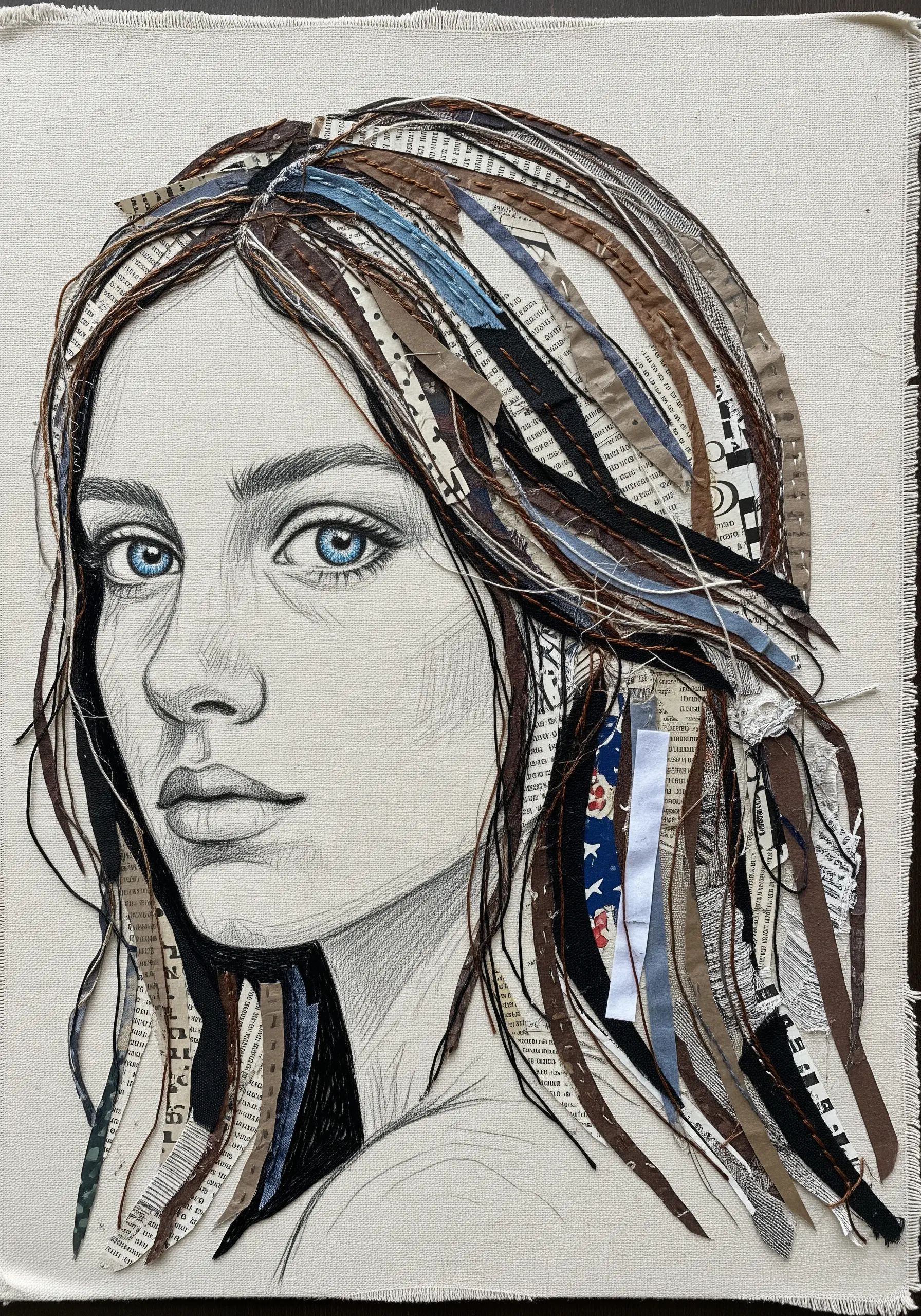 Pencil sketch portrait on canvas with hair created from layered strips of fabric and paper.