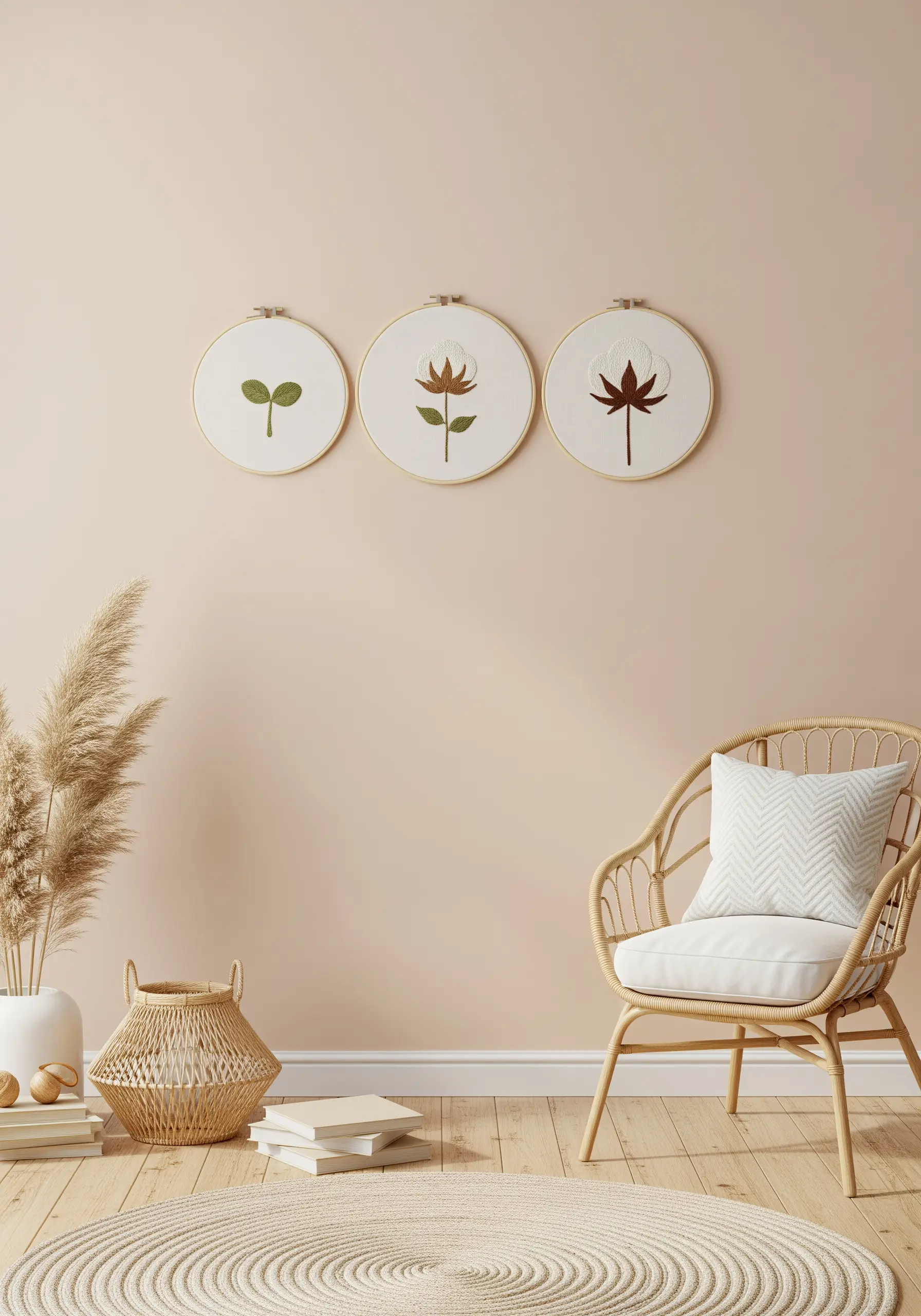 A triptych of embroidery hoops showing the stages of a cotton plant's growth