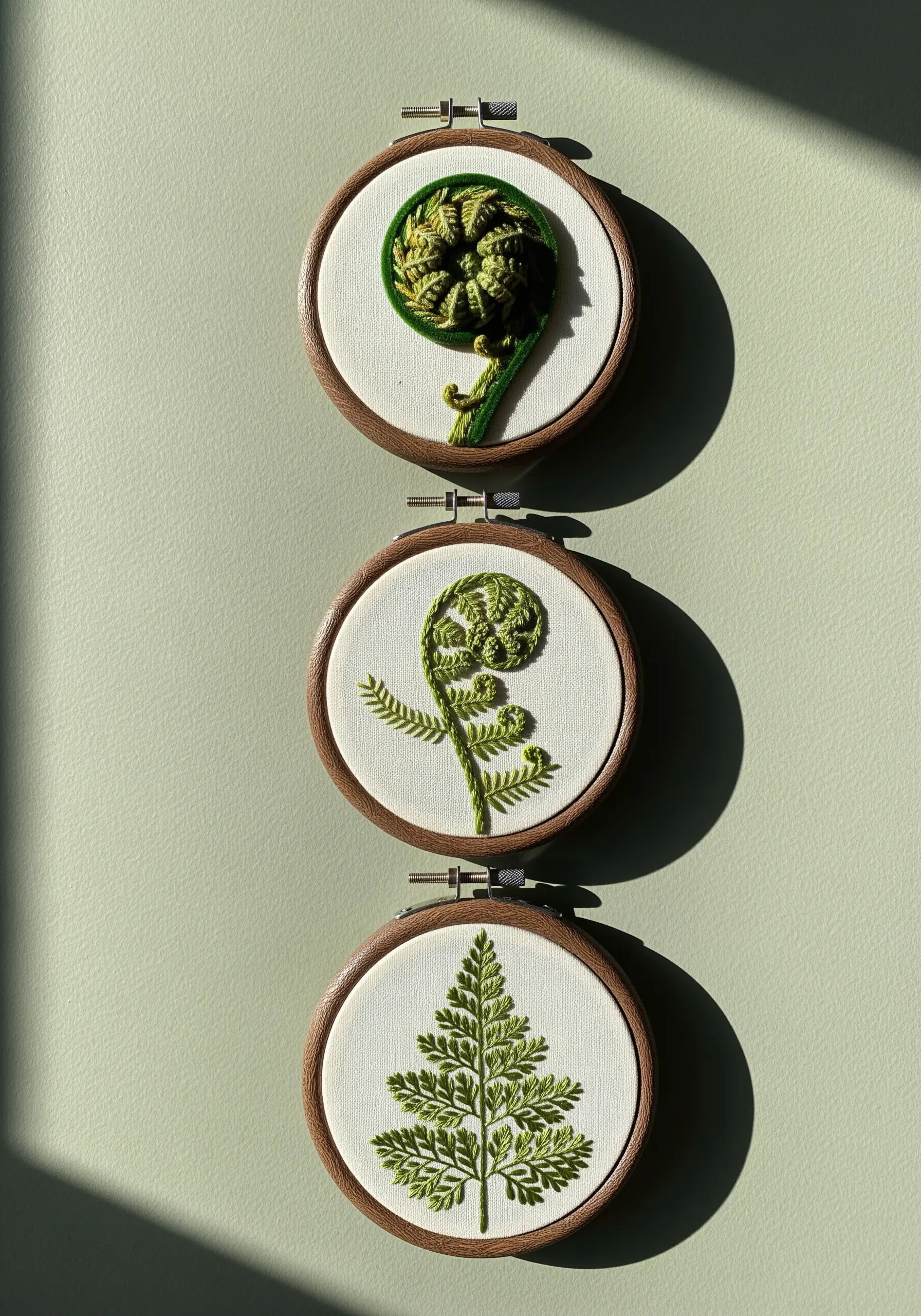 A series of three small embroidery hoops showing the unfurling stages of a fern.