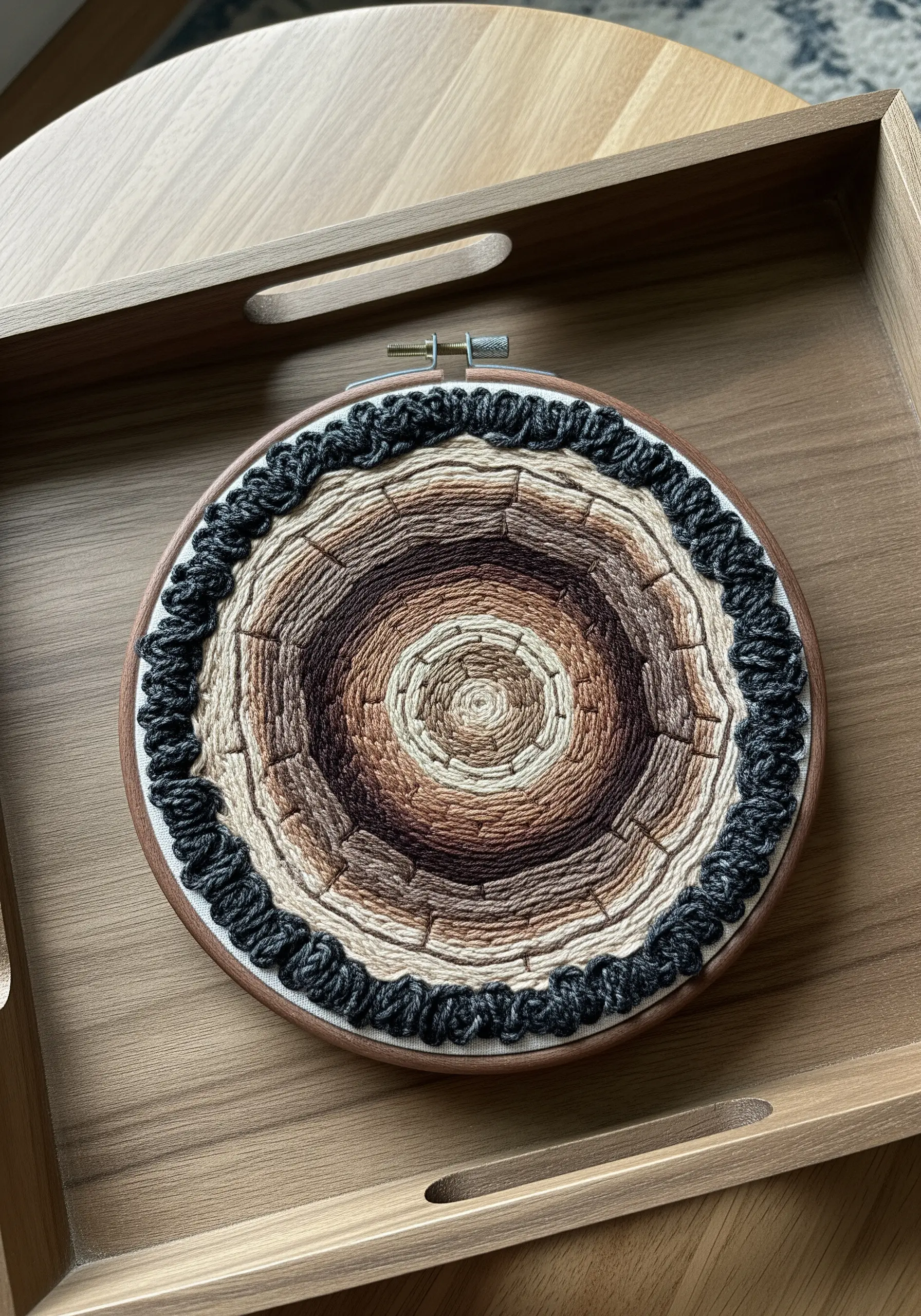 Hoop art embroidery of tree rings with a dark, textured border representing bark.