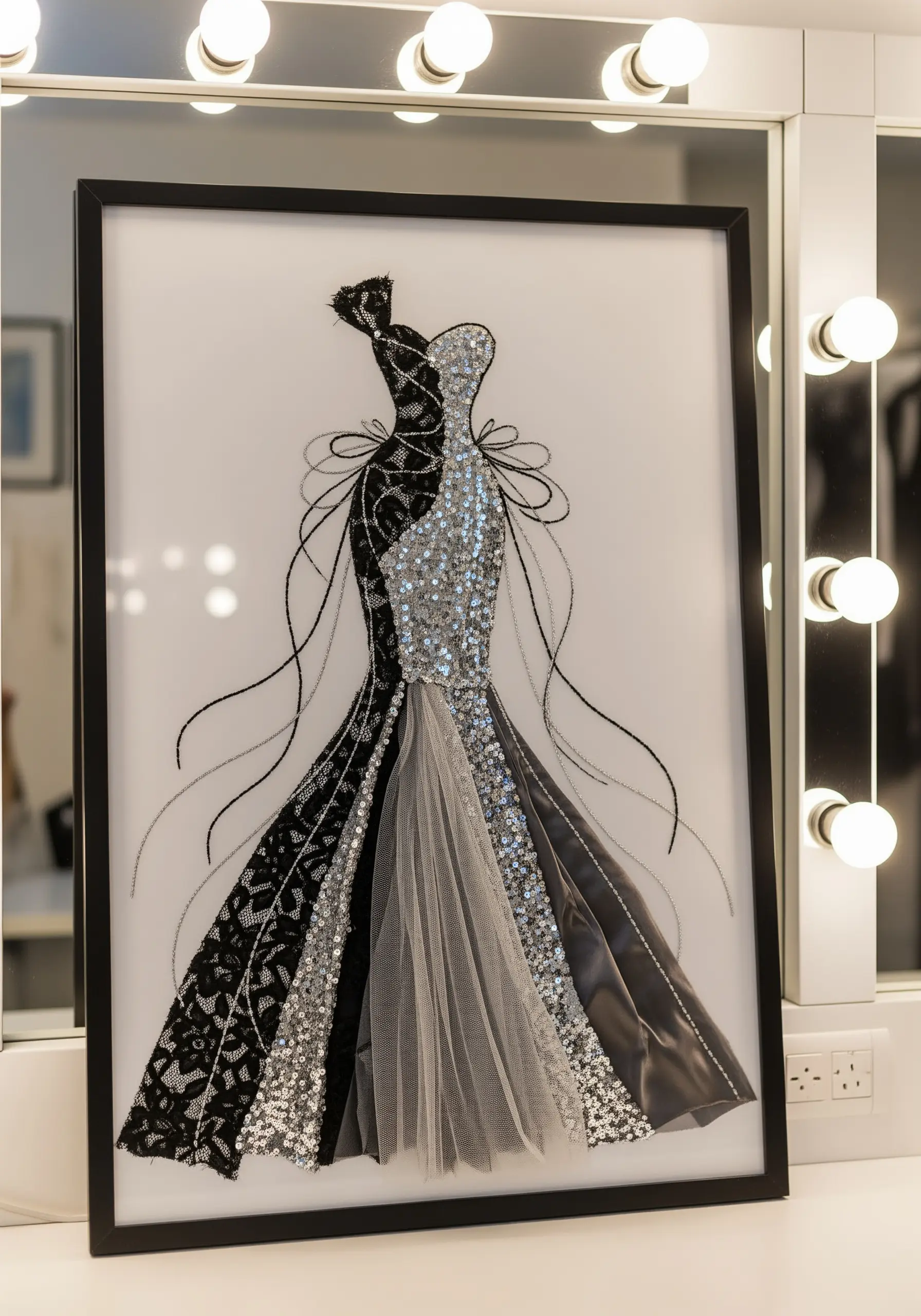 A framed fashion illustration of a gown made with black lace, silver sequins, and satin fabric