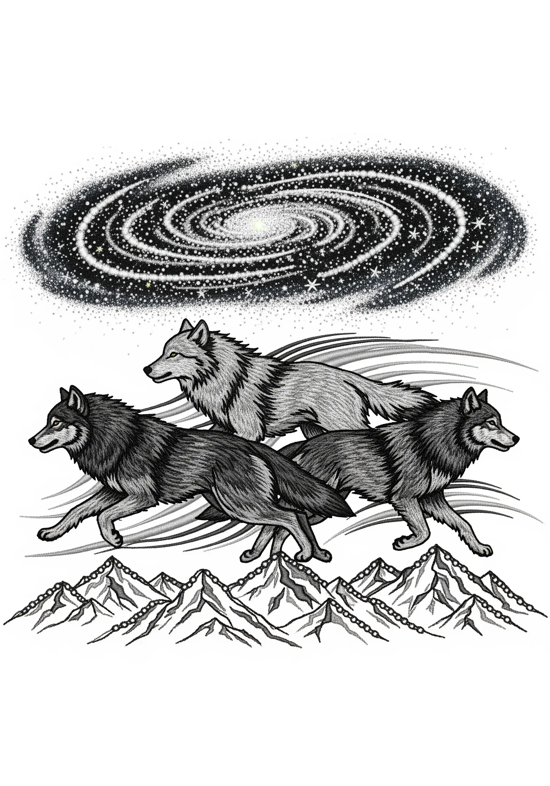A graphic illustration of three wolves running beneath a swirling galaxy.