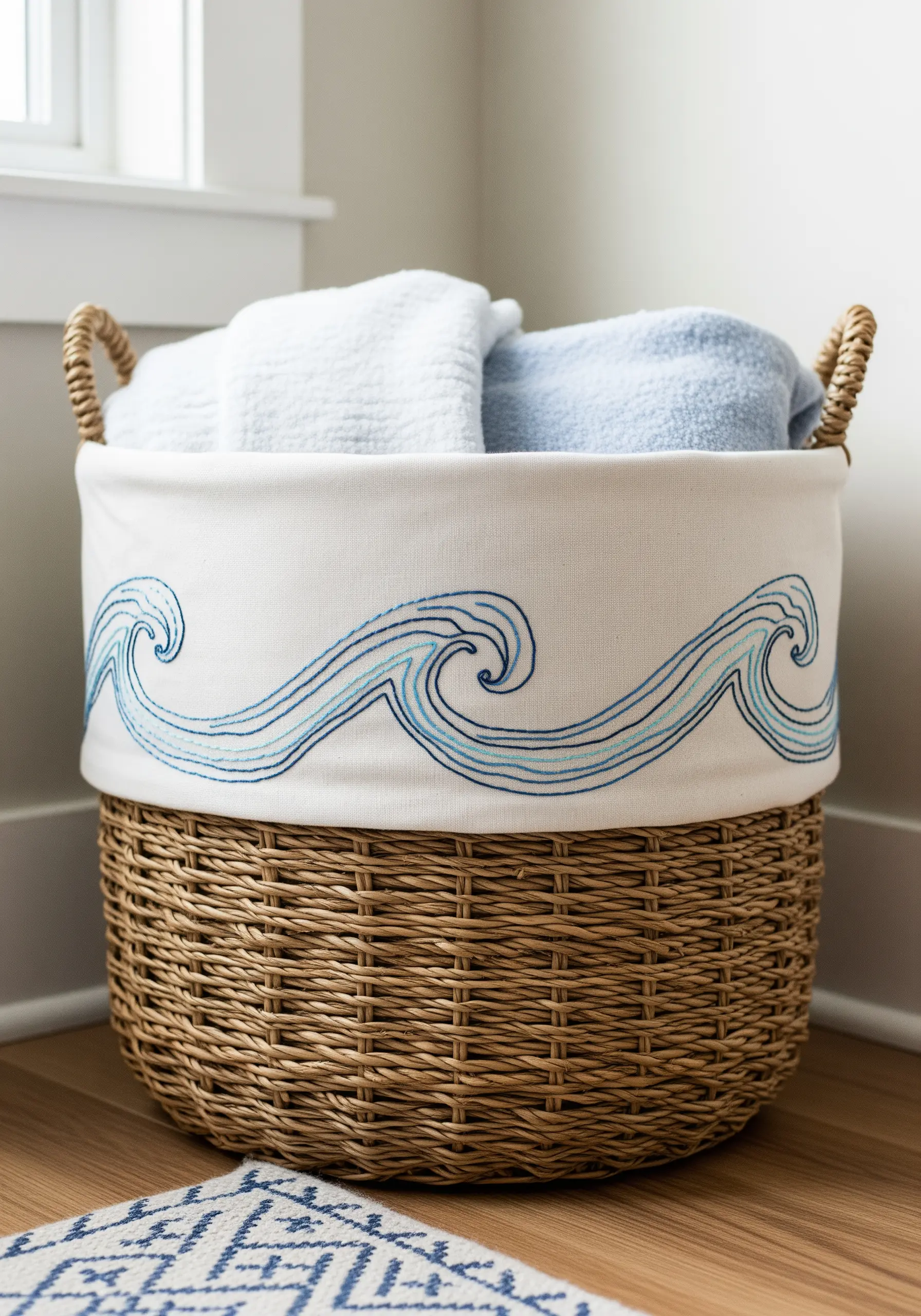 A fabric laundry basket liner embroidered with stylized waves in shades of blue.