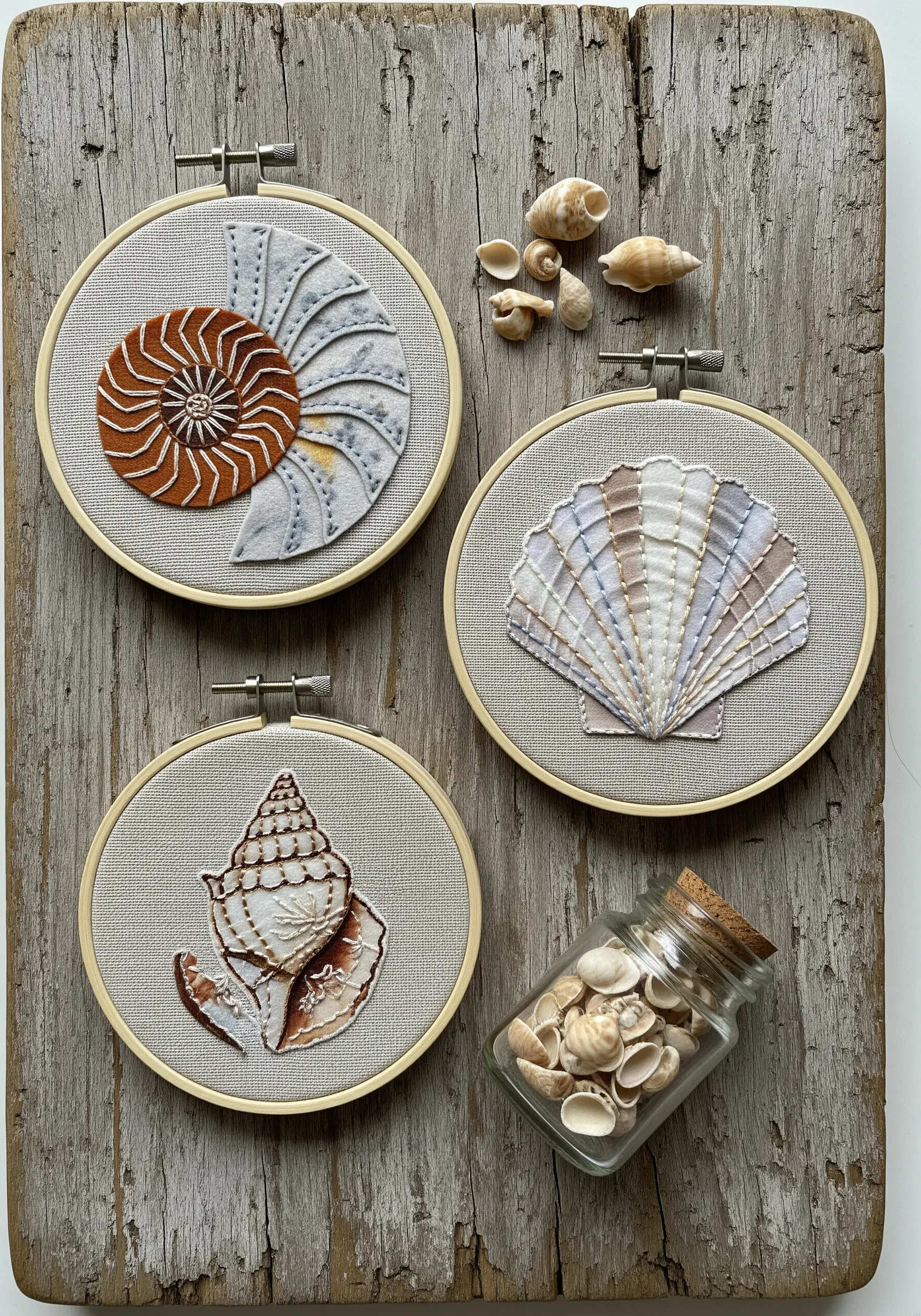 A trio of embroidery hoops showcasing intricately cut and stitched fabric appliqué seashells.