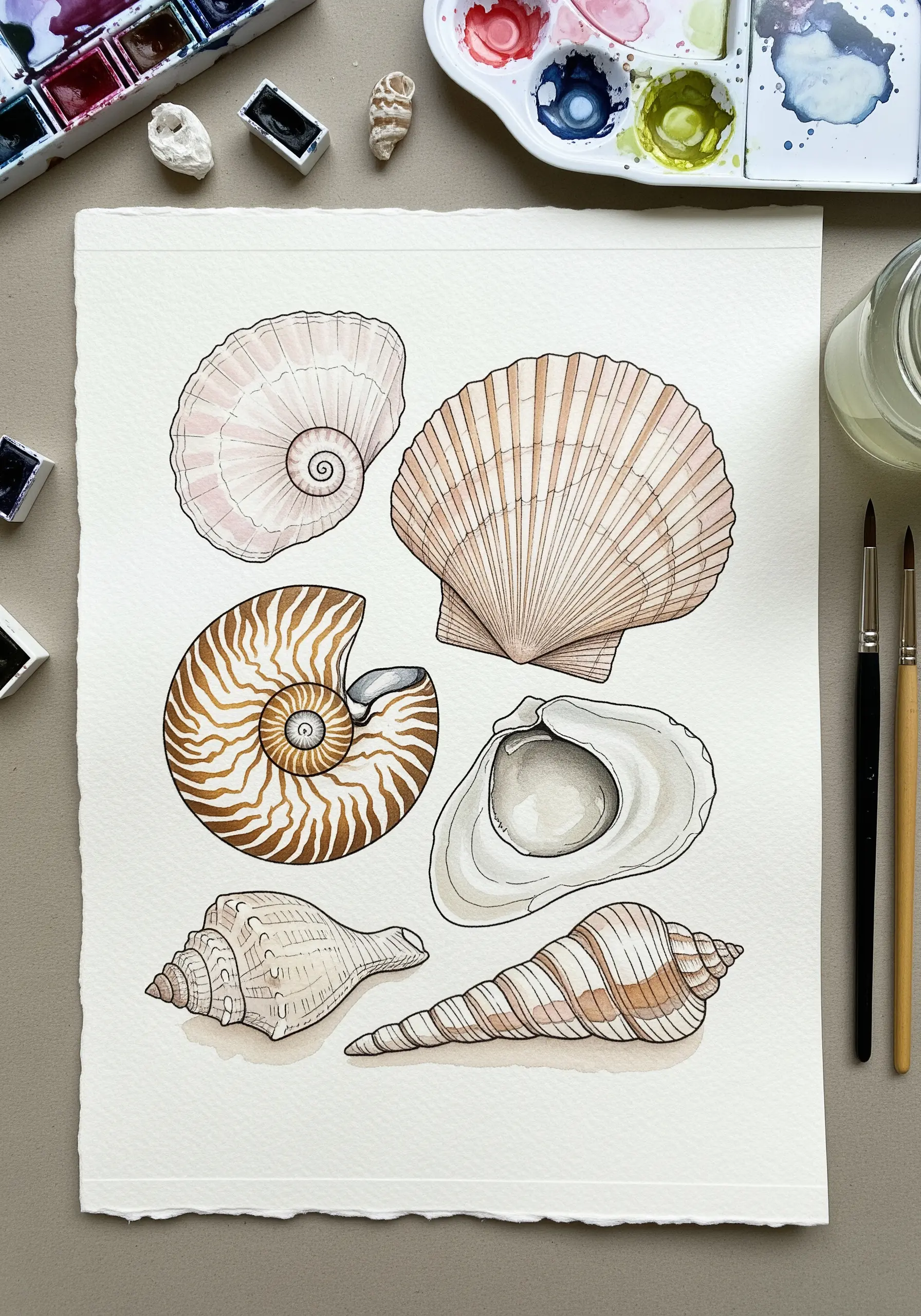 A watercolor painting of various seashells with delicate ink outlines on textured paper