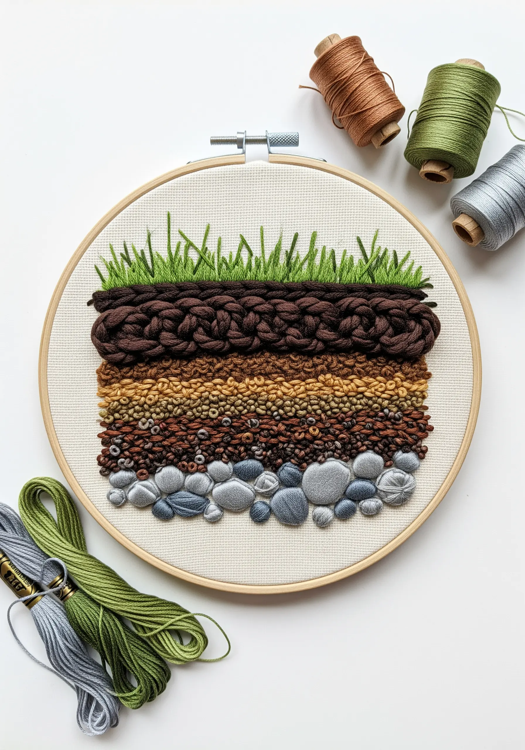 An embroidered cross-section of soil layers showing grass, dirt, gravel, and stones with varied stitches.