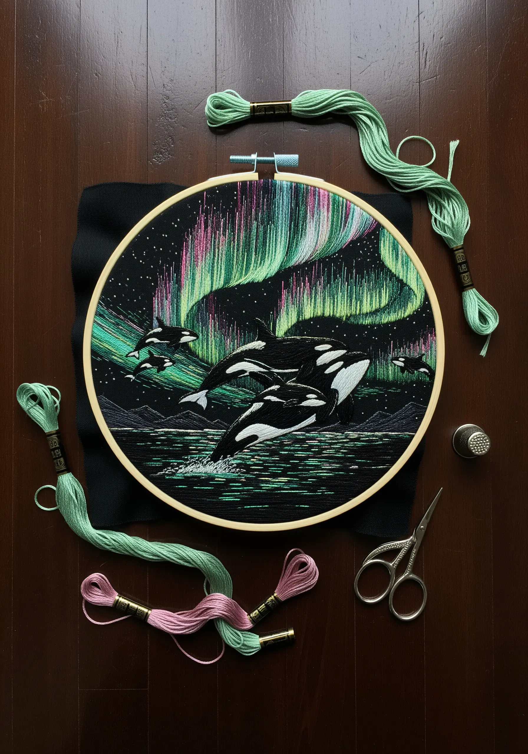 Orcas leap under the Northern Lights, which are embroidered with vertical green and pink stitches.