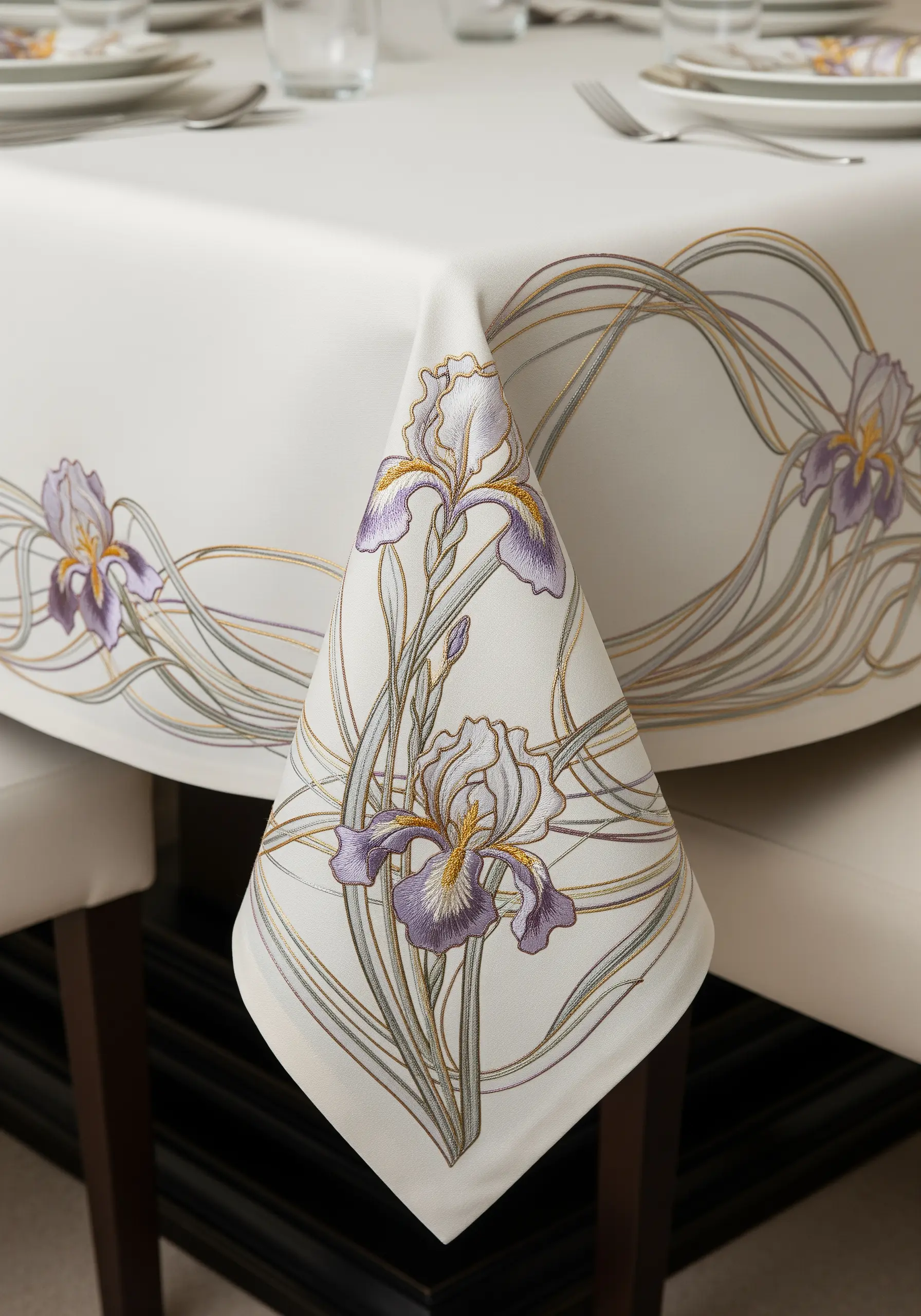 An off-white tablecloth with an Art Nouveau iris embroidered in metallic and colored threads.
