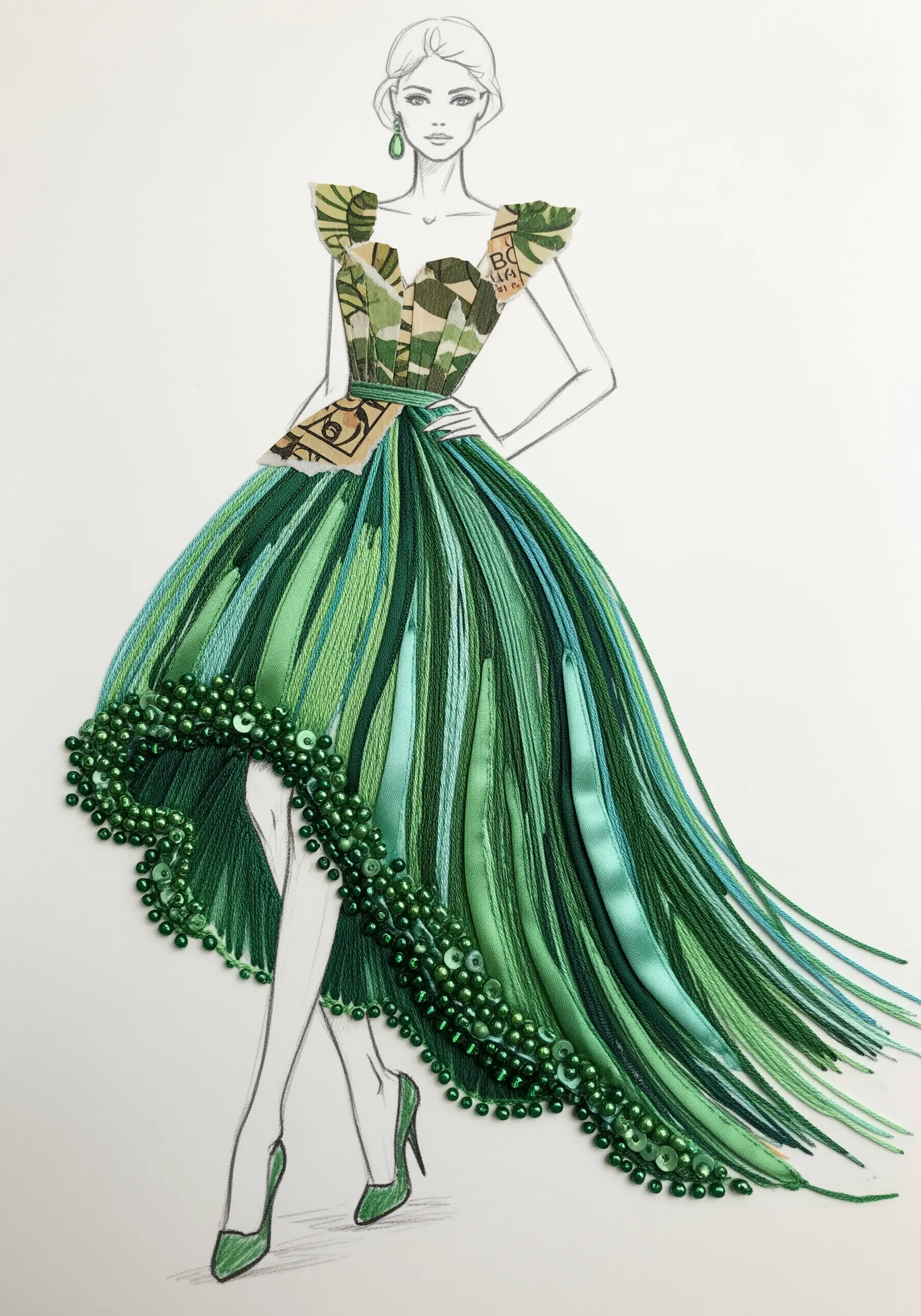 A fashion illustration where the skirt is created with cascading green threads, ribbons, and beads.