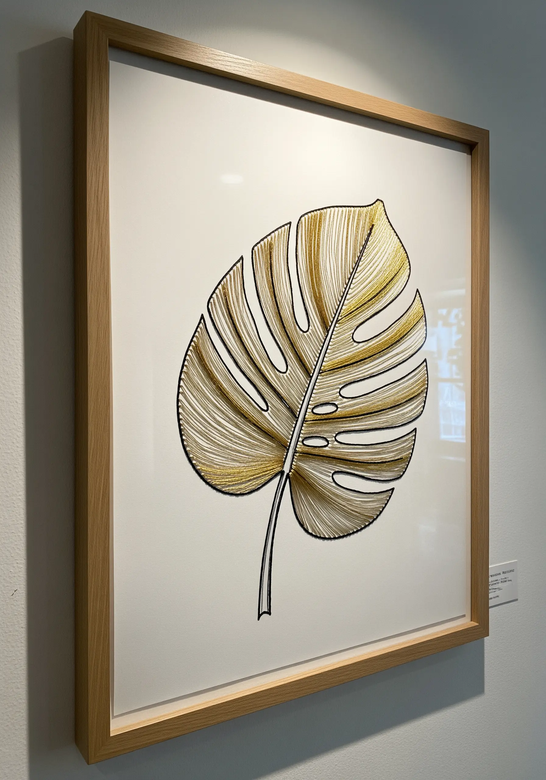 Framed string art of a monstera leaf made with gold and black thread on a white background